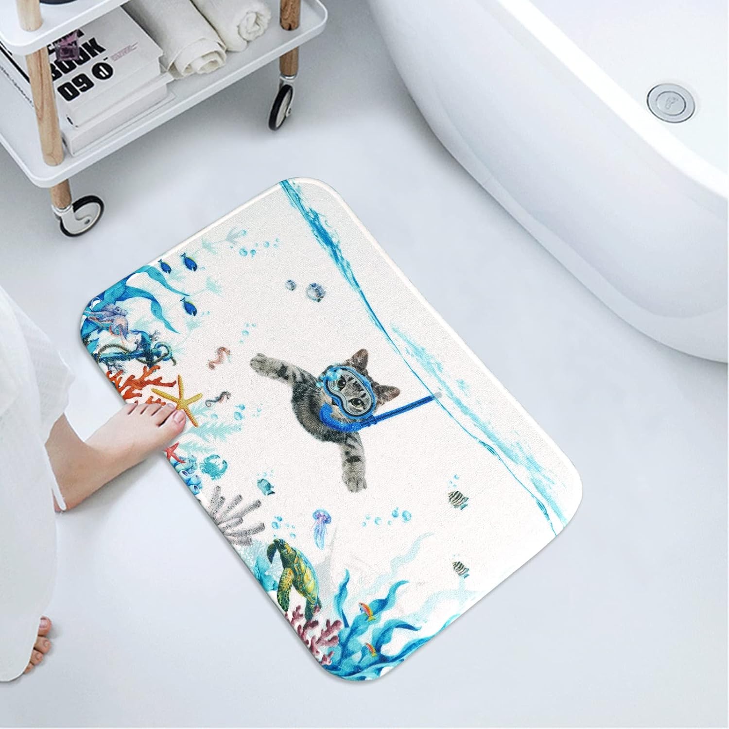 Fowocu Divertidas alfombras de baño con diseño de gatos, diseño de animales marinos y océanos, absorbentes de agua, antideslizantes, de microfibra