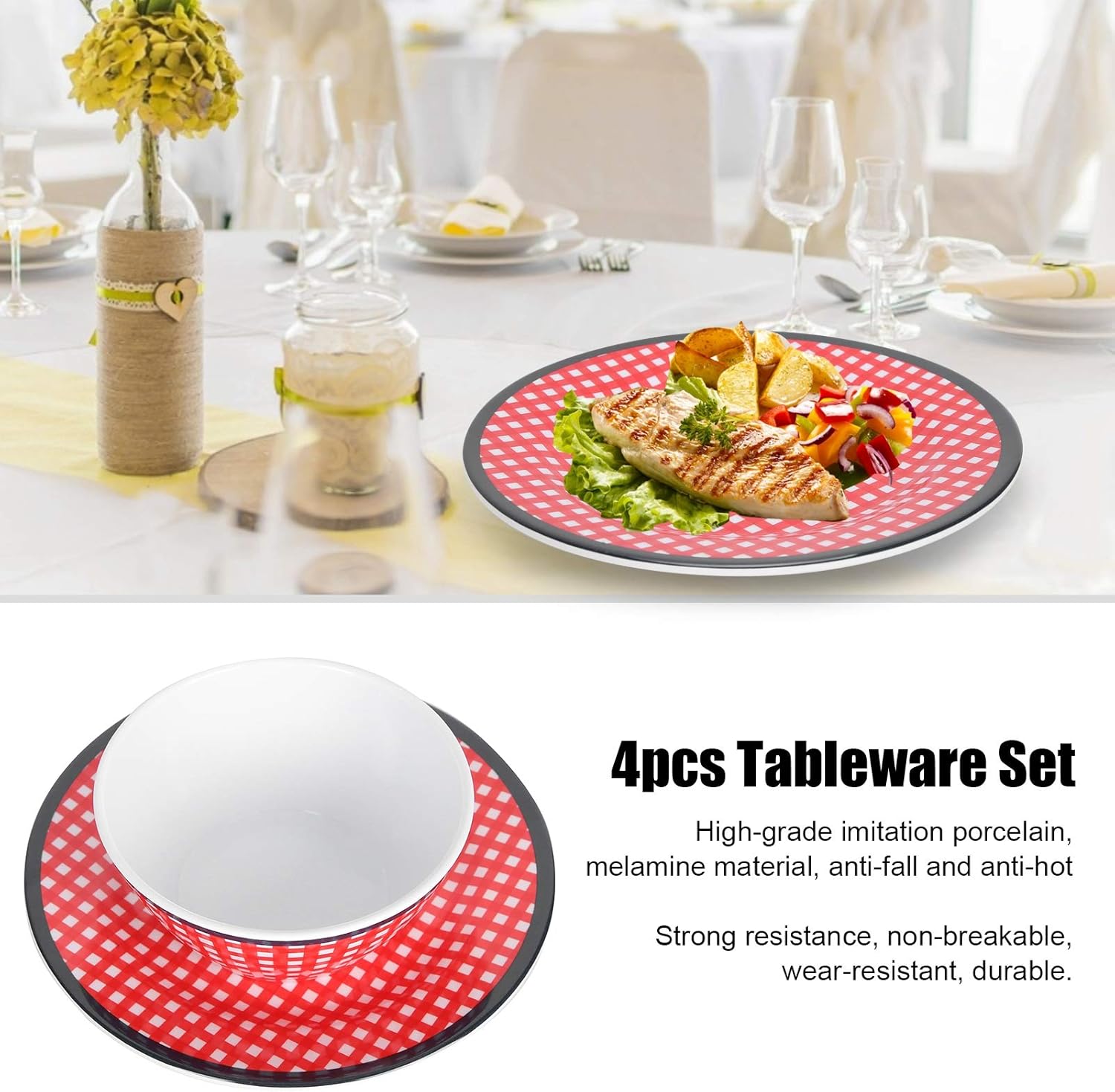 Juego de cuencos de ensalada, juego de vajilla de 4 piezas, plato de porcelana de imitación, cuenco – Kit de ensaladera de rejilla roja