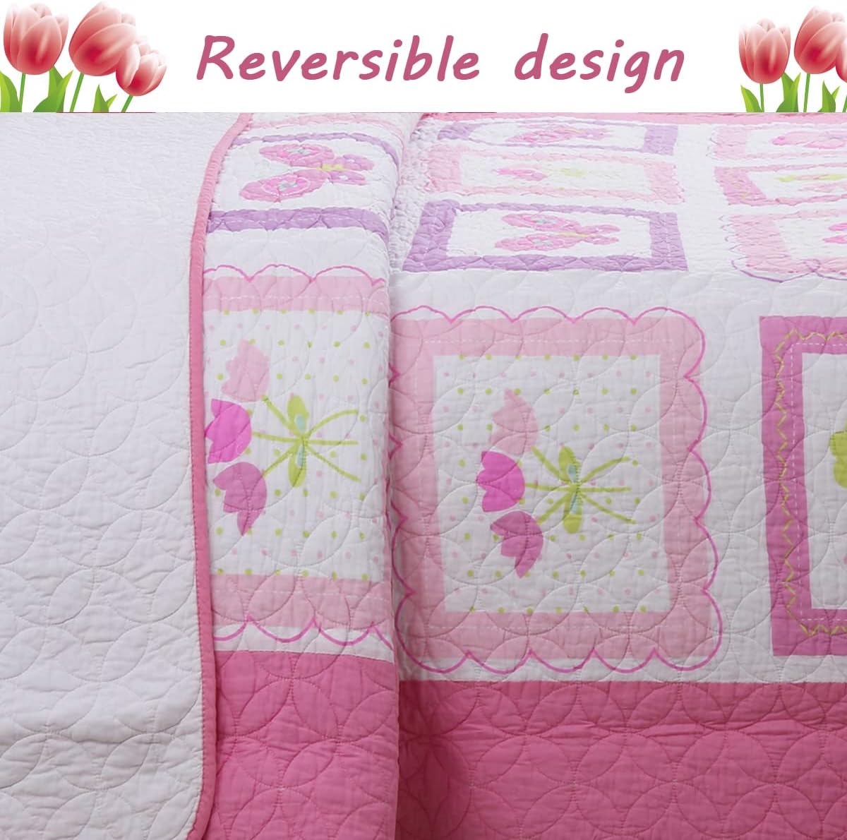 Cozy Line Home Fashions – Juego de ropa de cama con diseño de tulipán, mariposa, flores rosas, reversible, 100 % de algodón