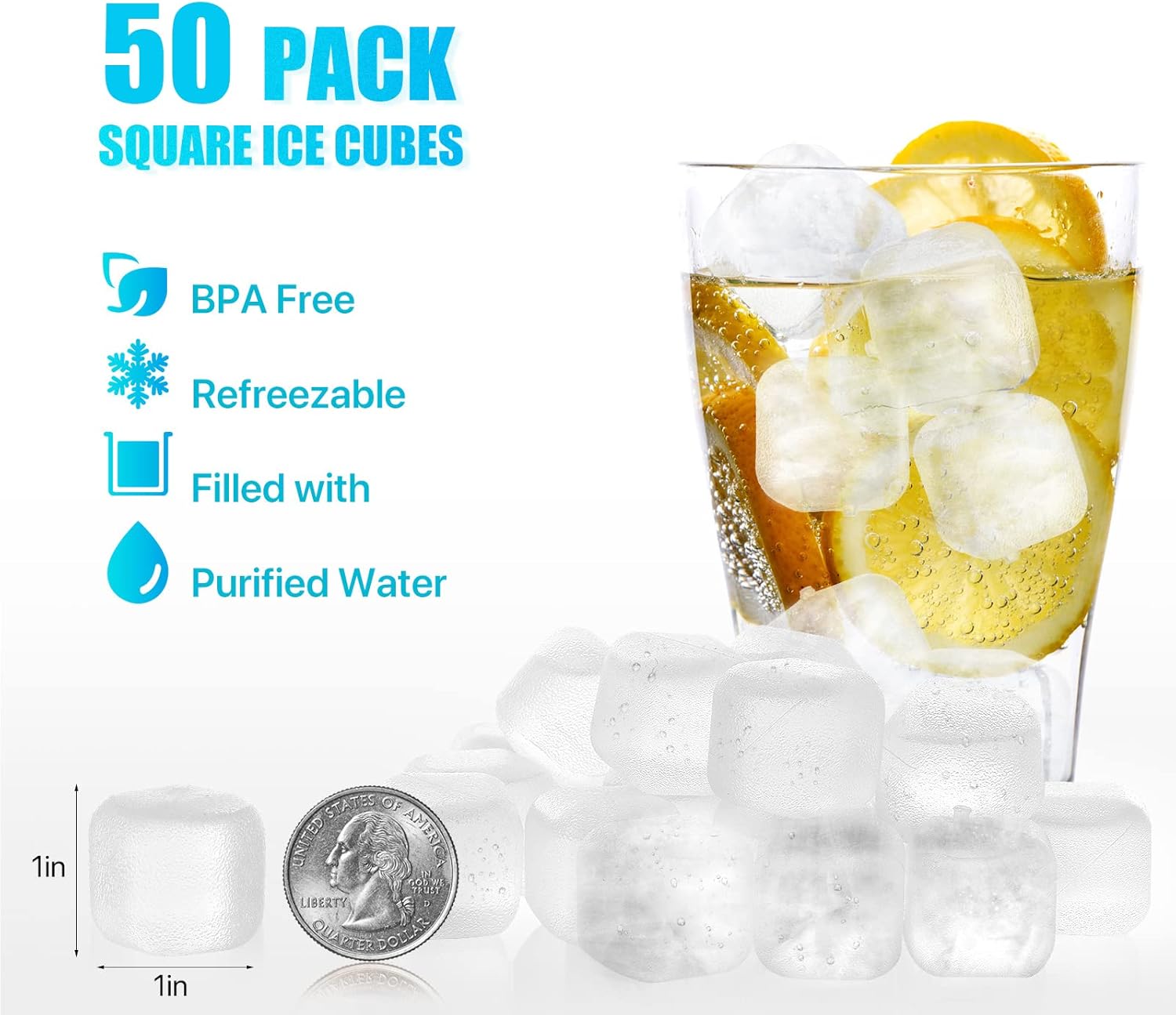 Cubos de hielo reutilizables para bebidas, paquete de 50 cubos de hielo de plástico recongelables sin BPA, bebidas frías sin diluir, cubos de hielo