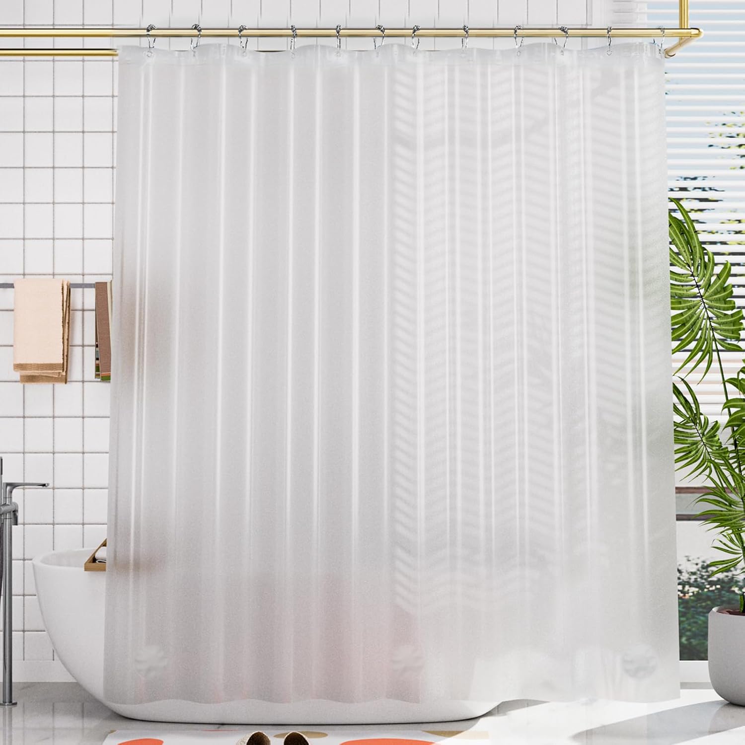 AmazerBath – Cortina de ducha de plástico, 70 x 72 pulgadas, cortina de ducha esmerilada de plástico, impermeable, pesada, gruesa, con 3 piedras
