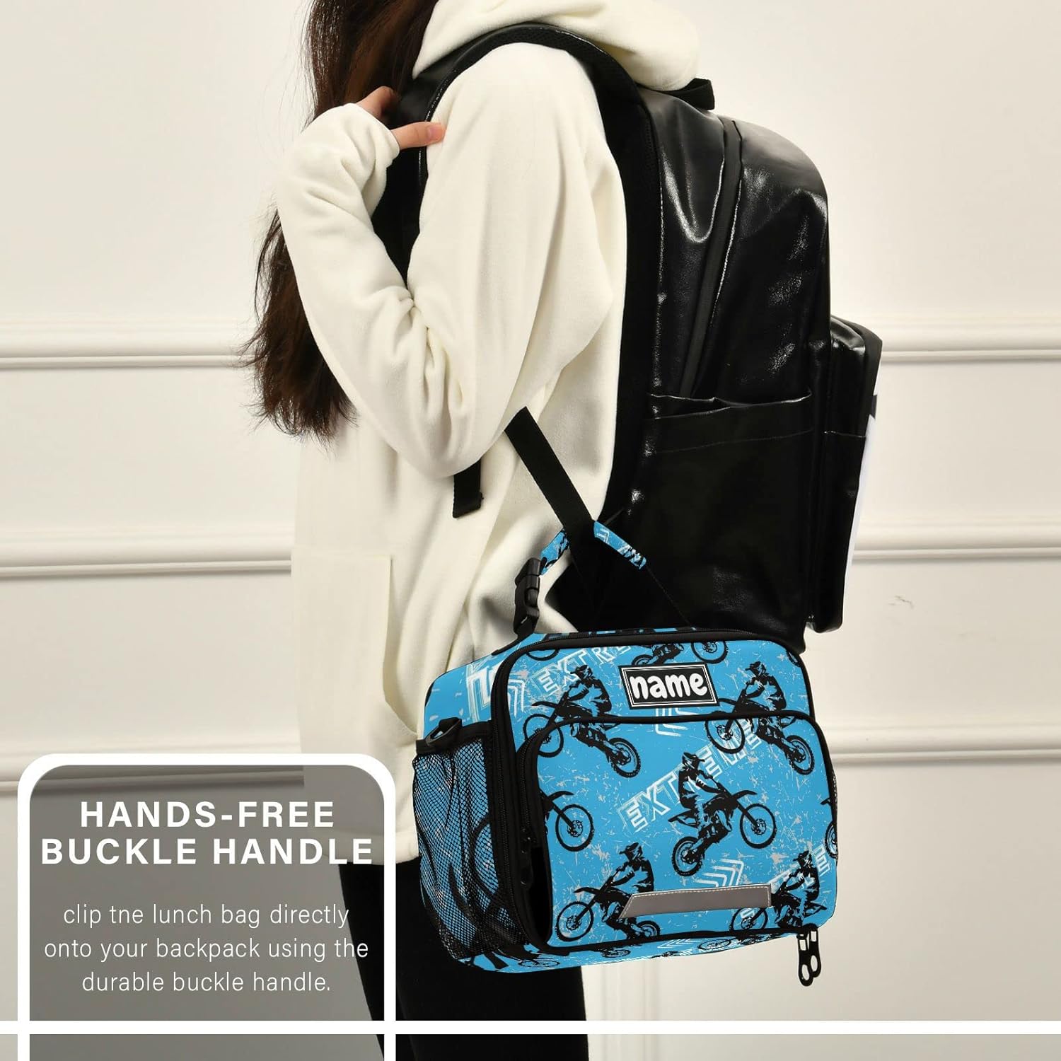 Bolsa de almuerzo azul personalizada para vehículos deportivos de motocross, para niños, niñas, niños, bolsas de almuerzo personalizadas con tu