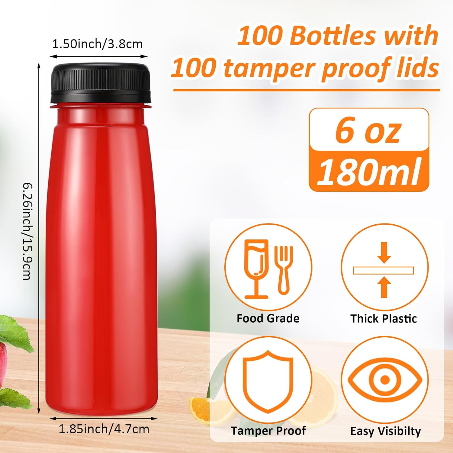 Tanlade 100 botellas de plástico para jugos con tapas, recipientes transparentes reutilizables para bebidas, botellas vacías para jugos caseros,
