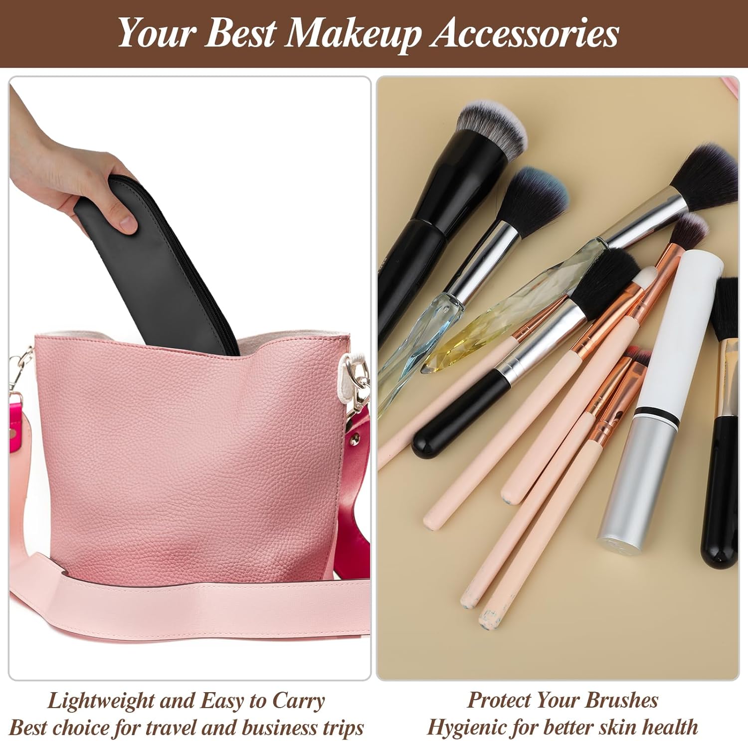 Viaje cepillo de maquillaje titular con cremallera bolsa, Esenciales de viaje maquillaje bolsa cosmética, PU cuero organizador bolsa bolsa, Negro -,