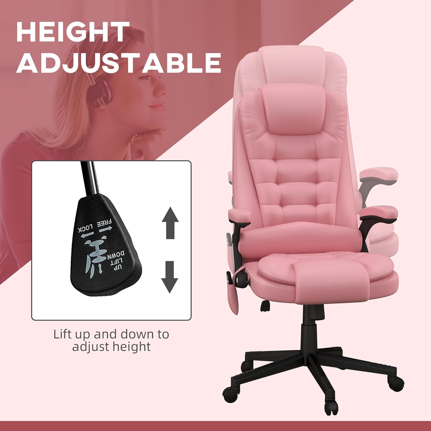 HOMCOM Silla de oficina de masaje con vibración de respaldo alto con 6 puntos de vibración, silla de computadora reclinable con calefacción de piel