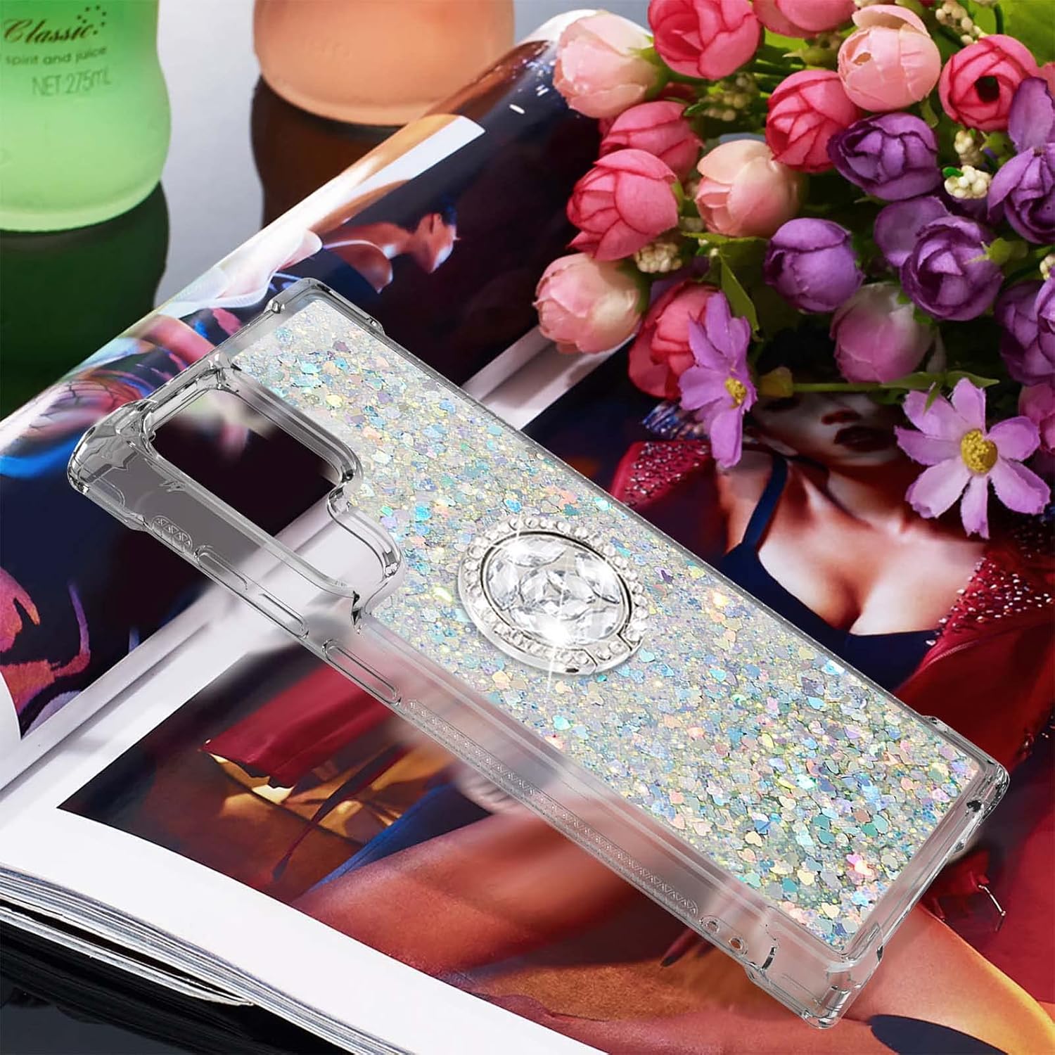 Tncavo Funda para Samsung Galaxy S23 Ultra para mujer, fundas con purpurina holográfica líquida en movimiento con anillo de diamante, TPU suave y
