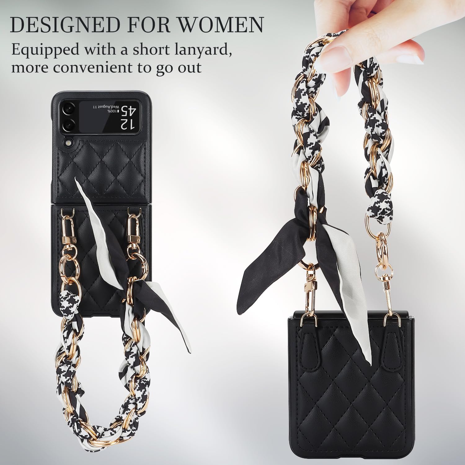 Asuwish Funda de teléfono para Samsung Galaxy Z Flip 3 5G 2021 con correa para la muñeca con cordón, delgada, de piel sintética, a prueba de golpes,