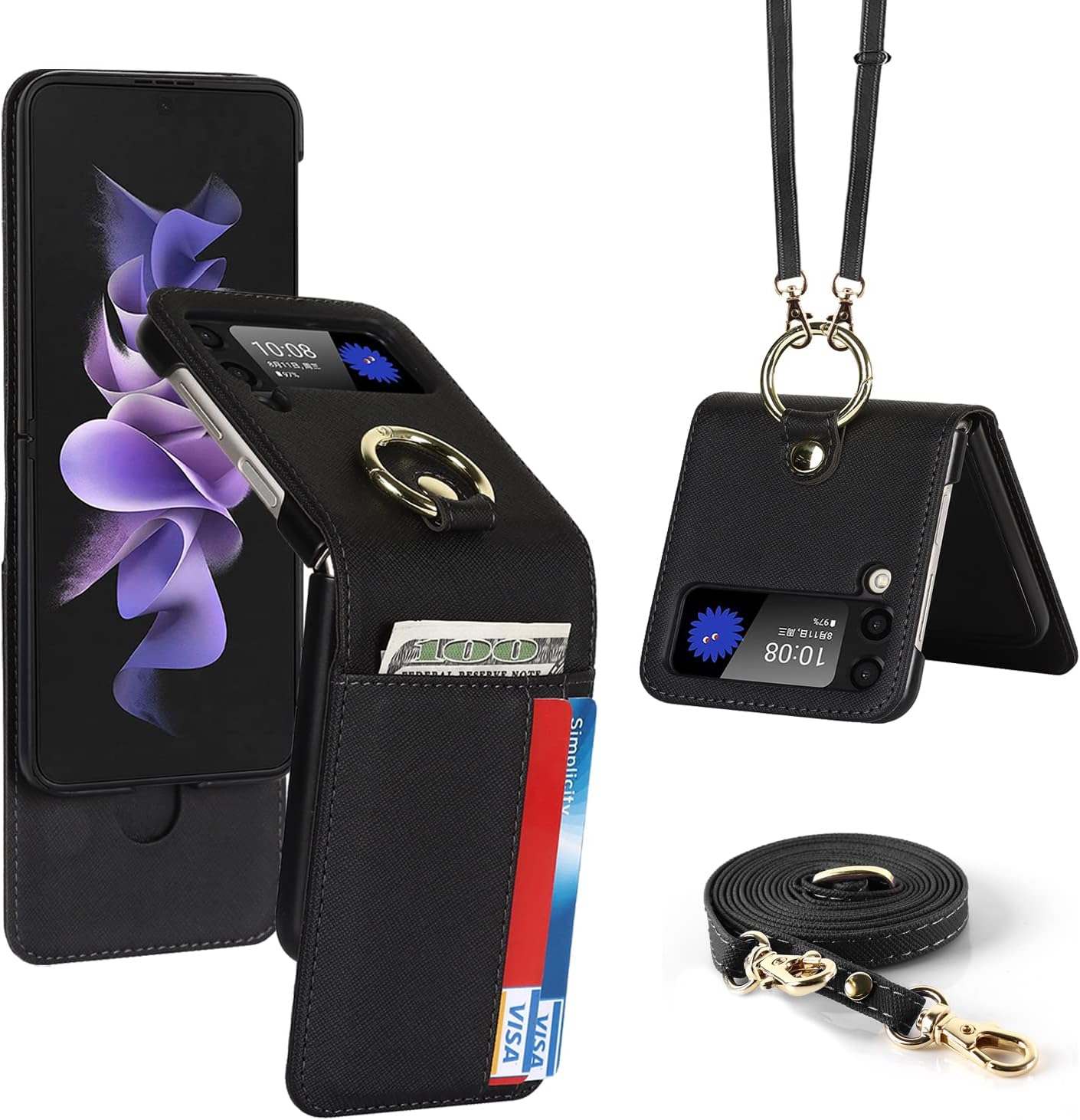 LBYZCASE Funda para Galaxy Z Flip 4 5G, Samsung Z Flip 4 (2022), funda de piel tipo cartera, cordón ajustable cruzado duradero, ranuras para