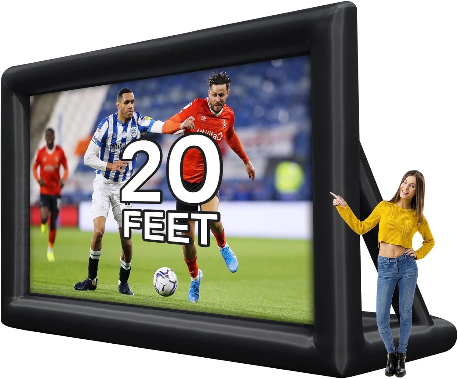 CHEINAUTO – Pantalla de proyector inflable, 20 pies, portátil, para exteriores, proyección frontal y trasera, con cuerda, soplador de aire, clavos