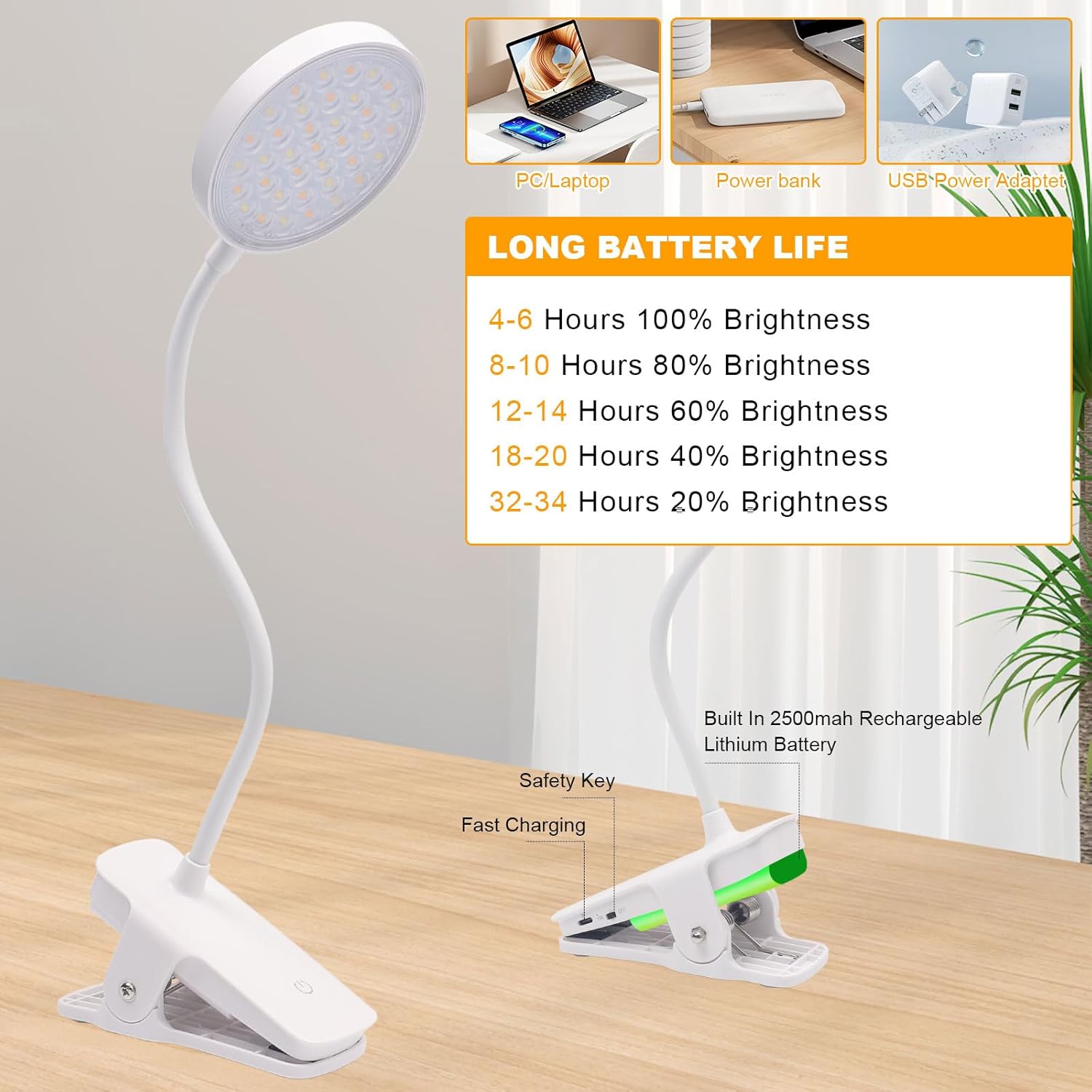LVJING Luz con clip, luz de libro regulable para leer en la cama, luz de lectura de 1800 mAh, luz de abrazadera de temperatura de color, modo de luz
