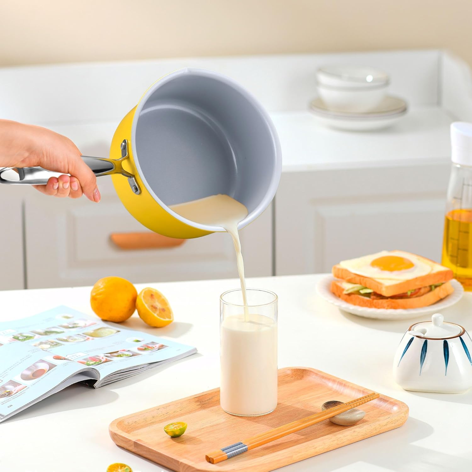 Sartén antiadherente de 2 cuartos de galón con tapa, cacerola de cerámica, olla pequeña no tóxica, sin PTFE ni PFOA, apta para horno y compatible