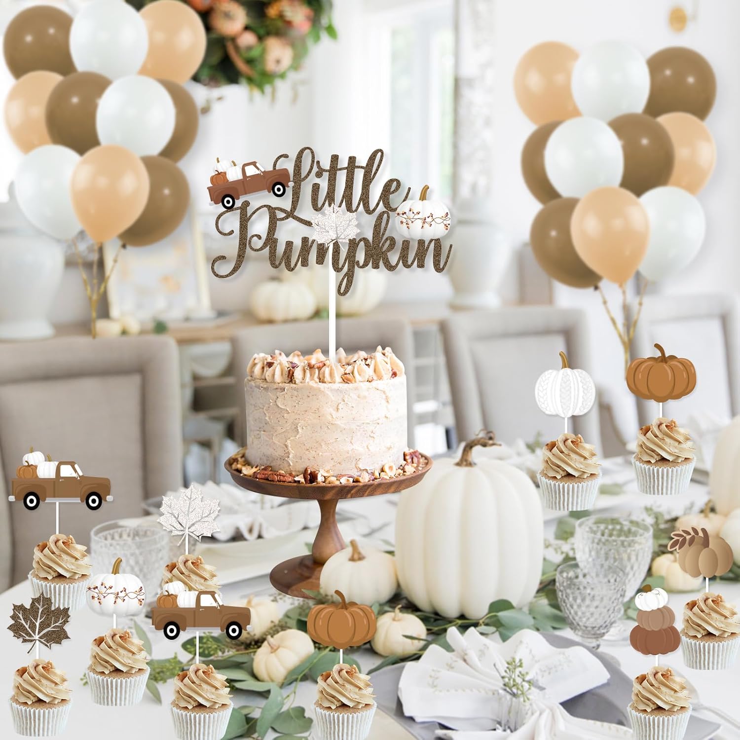K KUMEED Decoraciones de fiesta de calabaza pequeña, pancarta de calabaza pequeña, hojas de otoño, calabaza, camión, decoración de pastel, globos de
