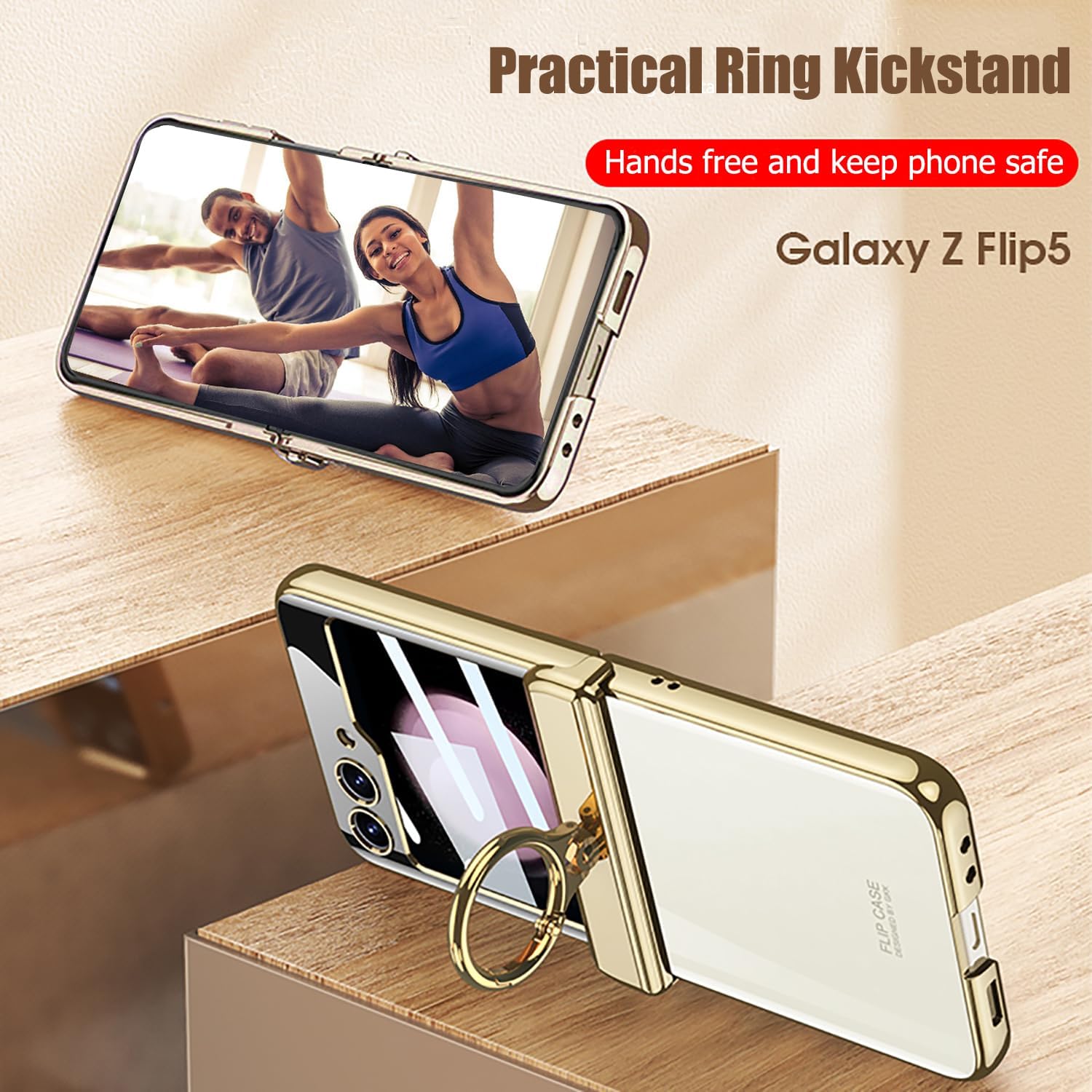 Funda transparente para Samsung Galaxy Z Flip 5 con protección magnética de bisagra, soporte de anillo y protector de pantalla externo,