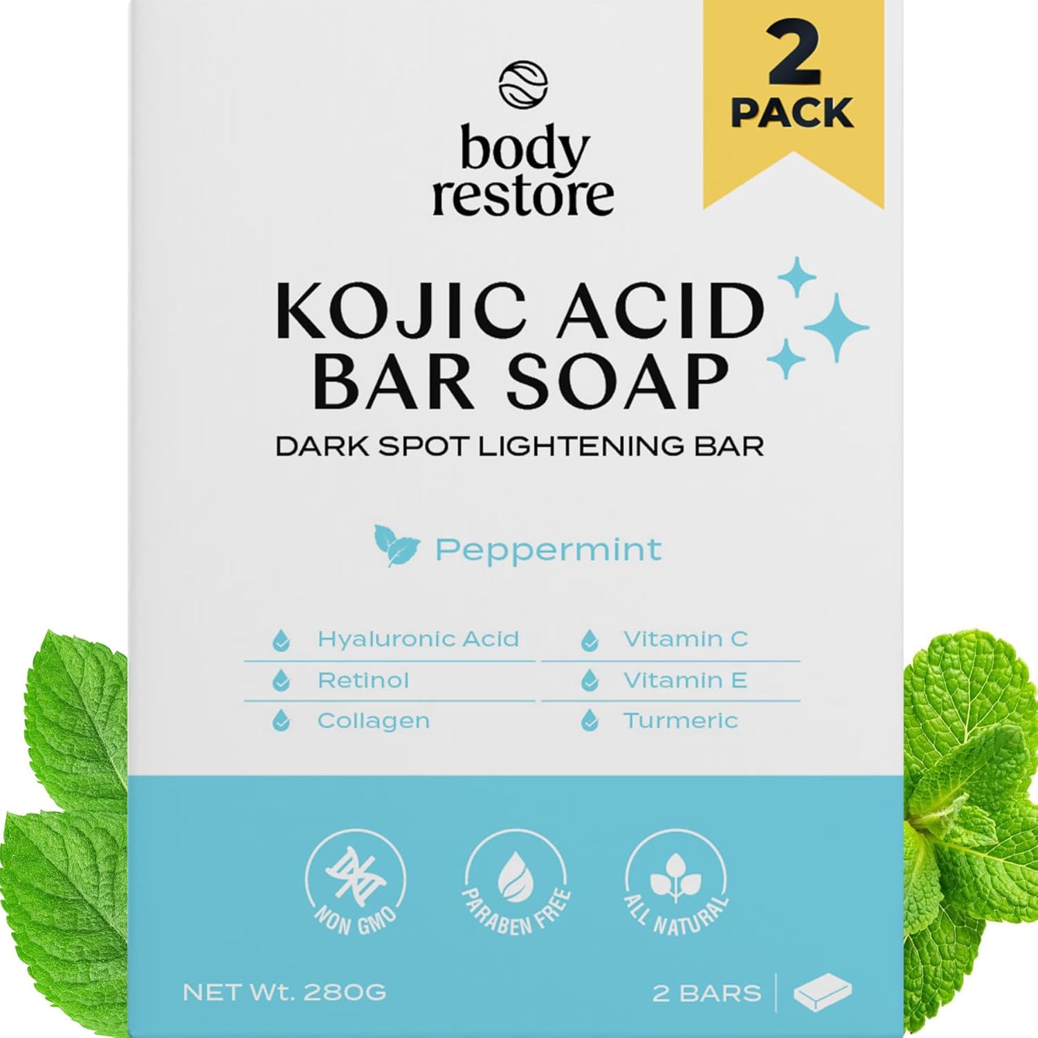 Body Restore Jabón de ácido kójico (menta 2 unidades), con vitamina C, E, manteca de karité, colágeno, ácido hialurónico, cúrcuma, retinol para