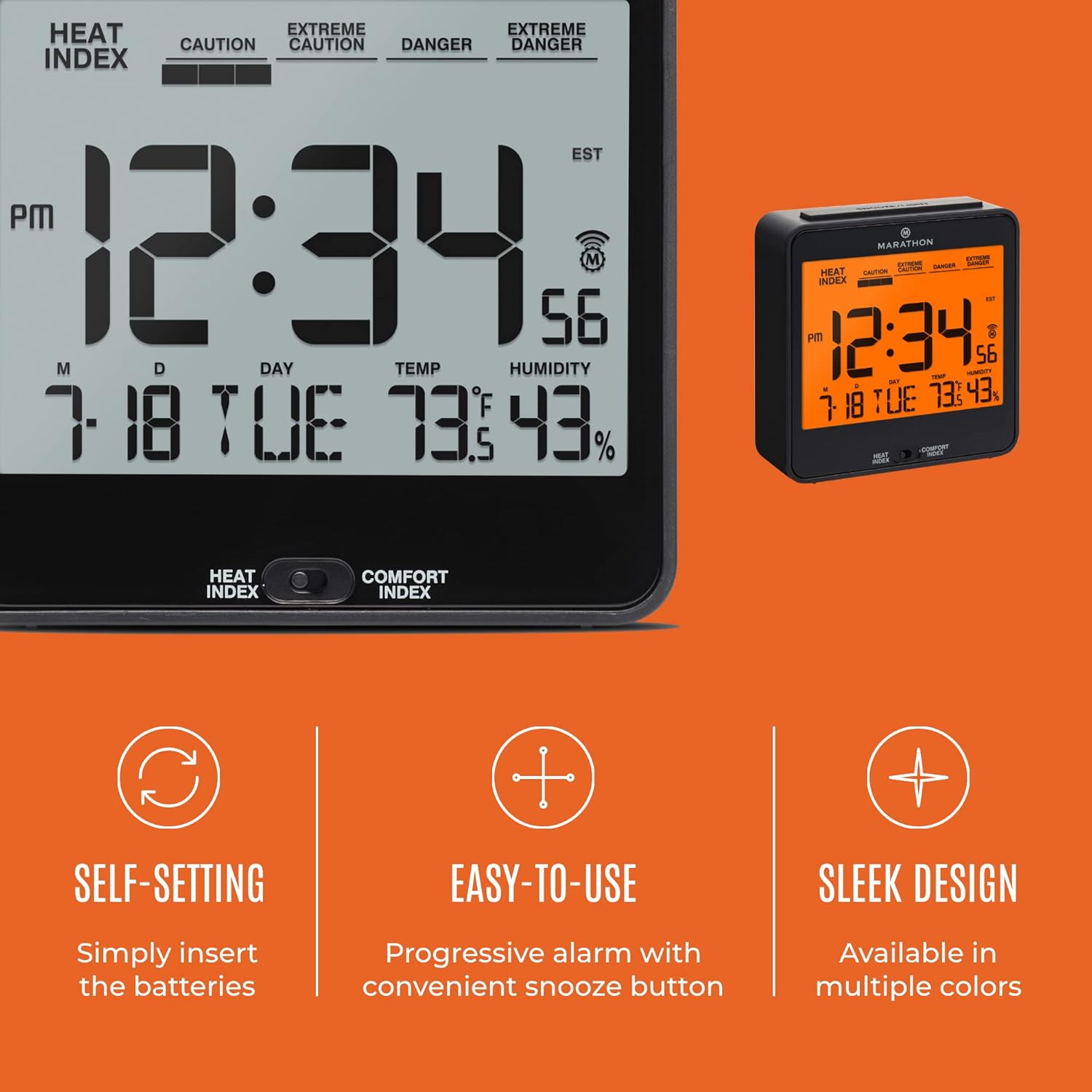 Reloj de mesa de noche Marathon, automático con luz, con índice de calor y comodidad, incluye baterías Negro