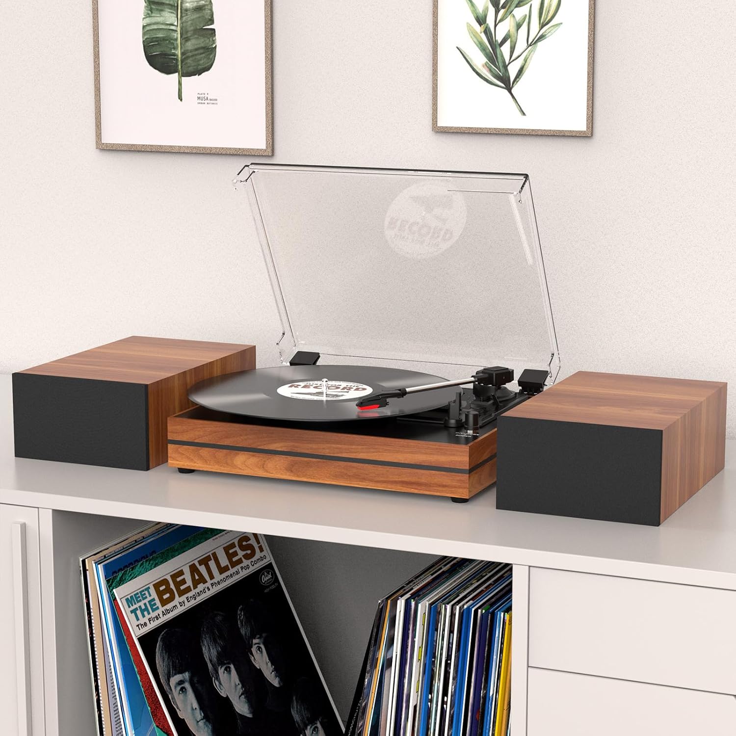 Tocadiscos vintage para vinilo con altavoces externos, tocadiscos de transmisión por correa con altavoces estéreo duales, entrada de auriculares