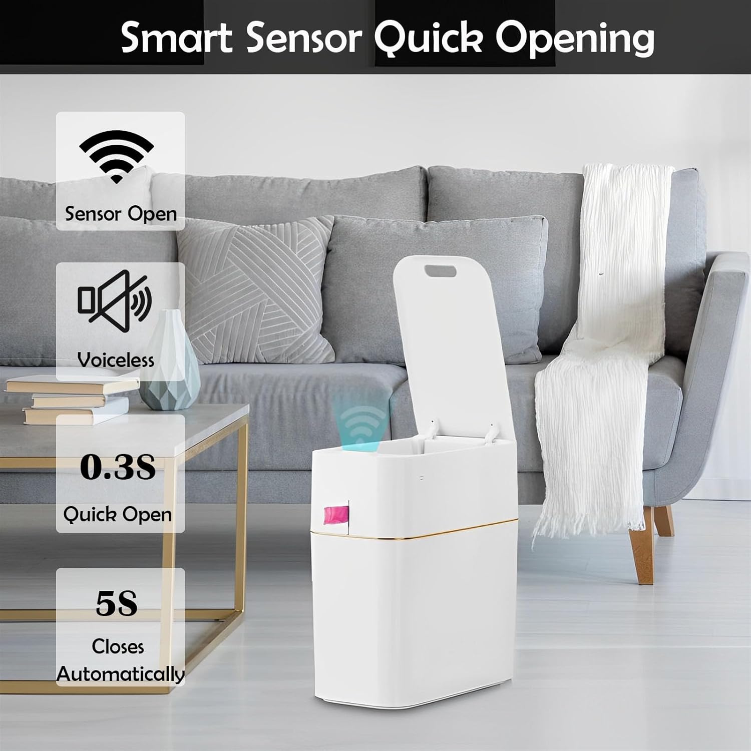 Basurero de baño de 4 galones, impermeable, inteligente, con sensor de movimiento automático, con tapa, sensor de movimiento delgado, de plástico,