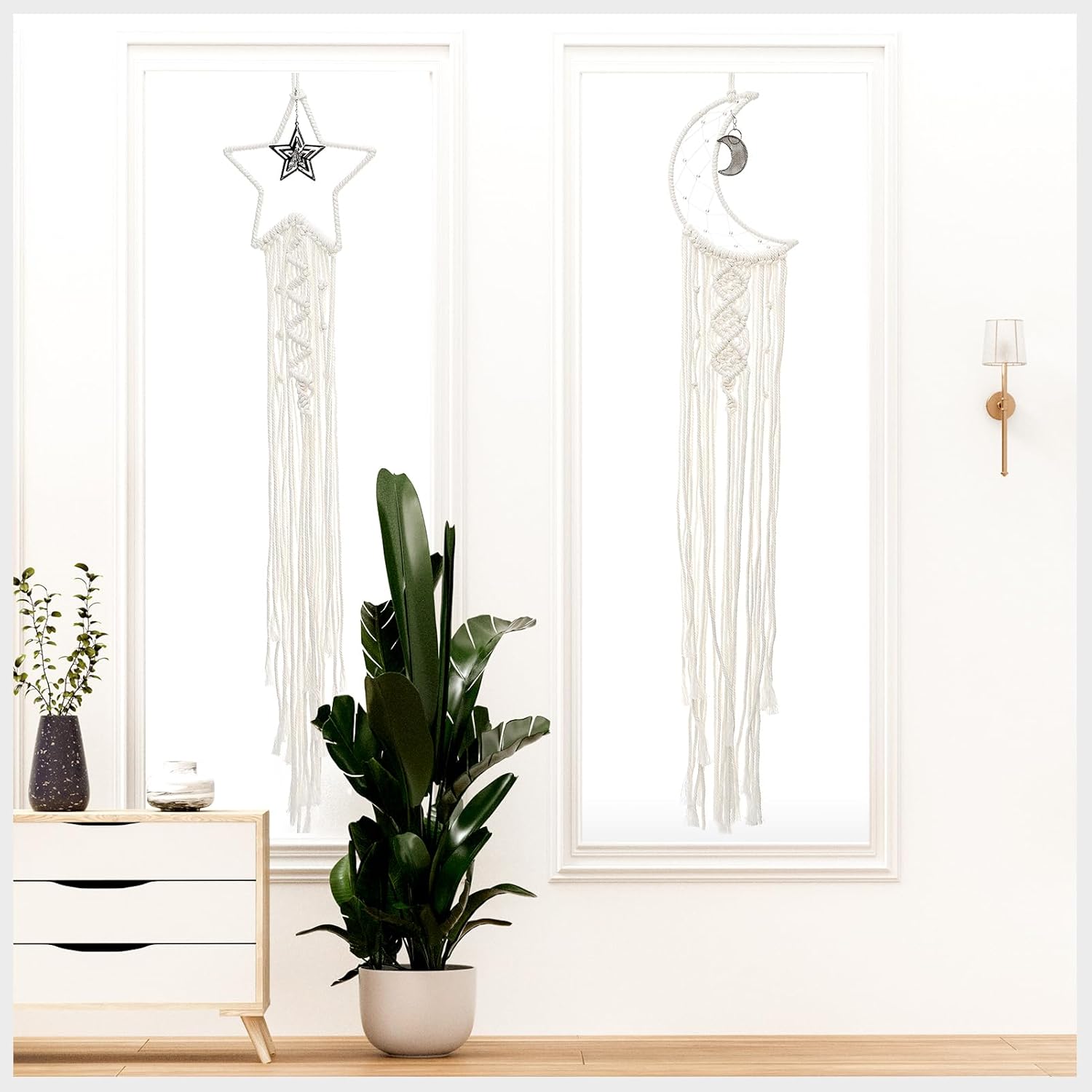 3 piezas atrapasueños Boho FeelfunFeather Luna Sol adorno hecho a mano para dormitorio, adultos, niñas, niños, decoración de pared colgante para el