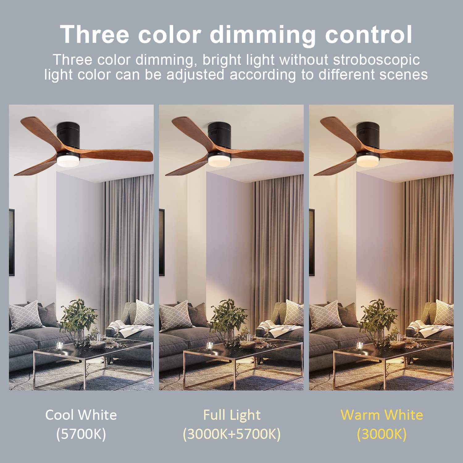 Sofucor Ventiladores de techo de montaje empotrado de 52 pulgadas con luces y control remoto, LED regulable, motor de CC silencioso, para sala de