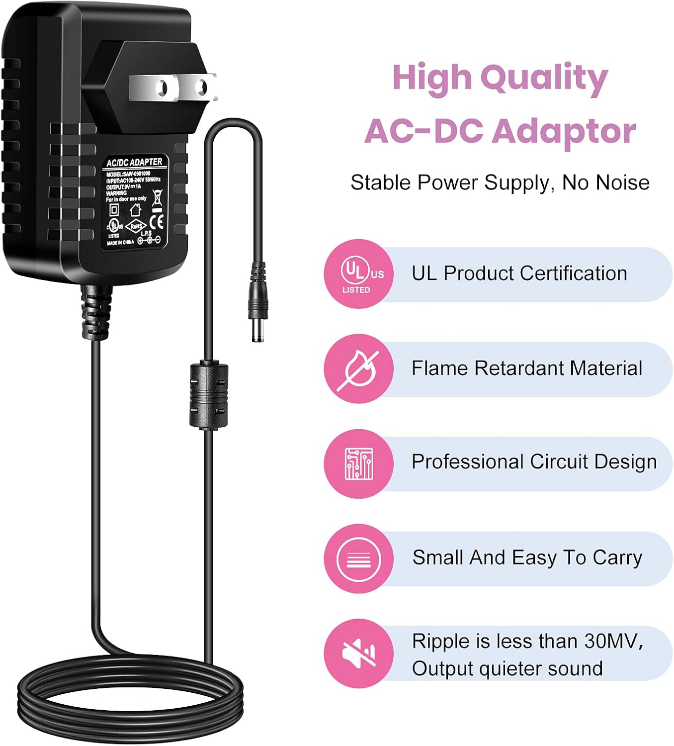 Fuente de alimentación de guitarra, adaptador de cargador de pared de CA 9 V CC 1A 1000 mA Punta Negativa 8 Way Daisy Chain Pedal Cables para la