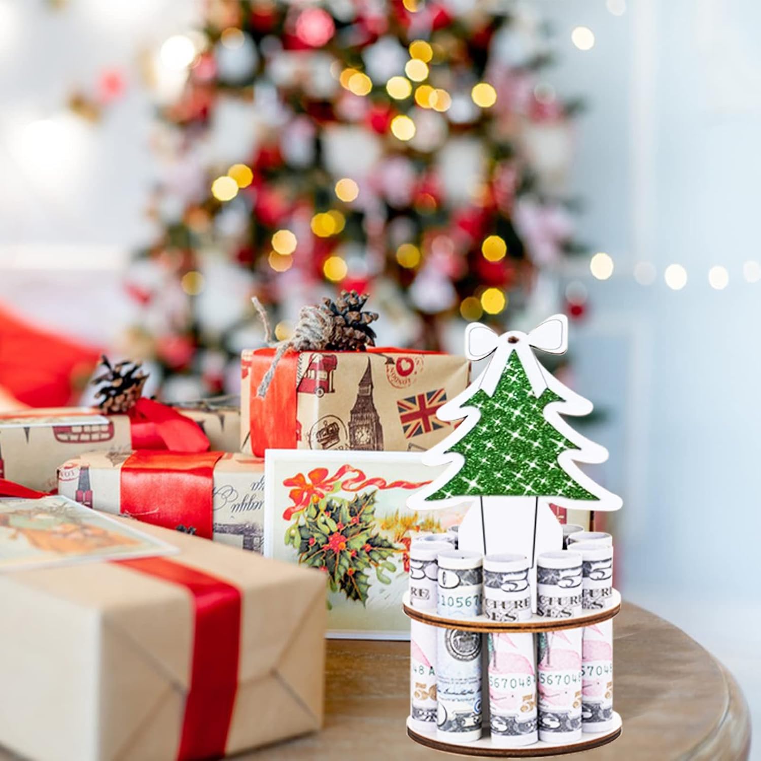 Soporte de dinero único de madera para Navidad con cordón, hecho a mano, mini árbol de Navidad, adornos de Navidad, decoración de Navidad, las