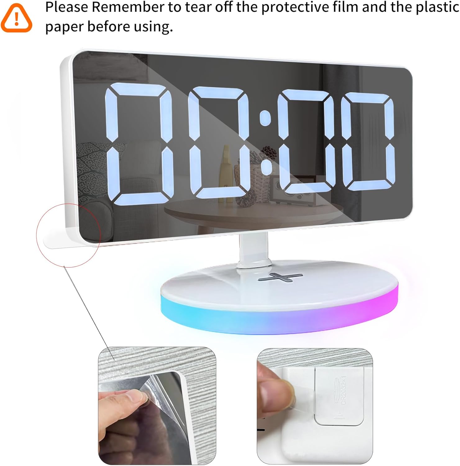 Reloj despertador digital con carga inalámbrica, espejo de escritorio, pantalla grande con luz RGB, alarma dual, repetición, cargador USB, atenuador