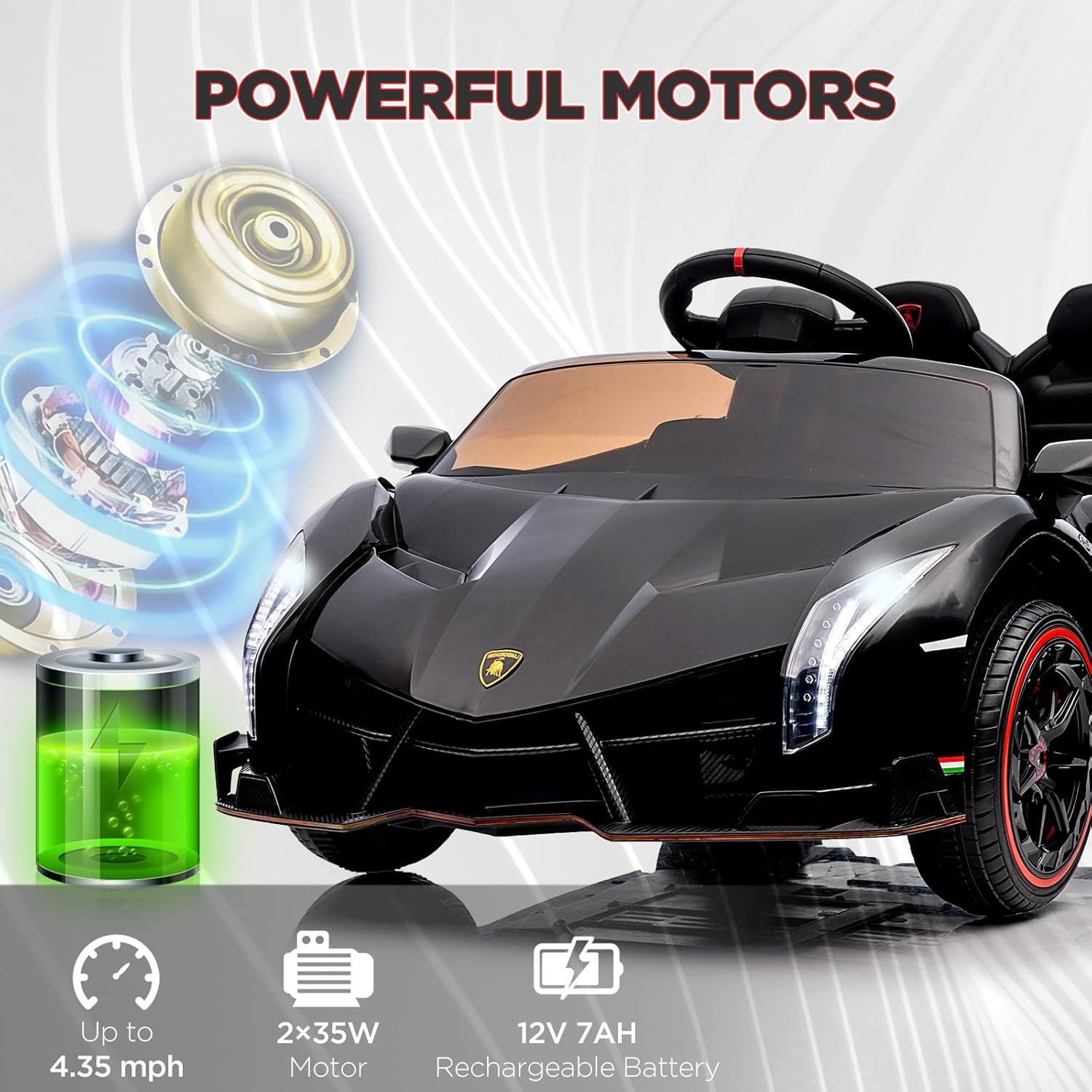 Lamborghini Venono – Coche eléctrico para niños con licencia de 12 V con control remoto para padres, puerta de tijera, 3 velocidades, faros LED,