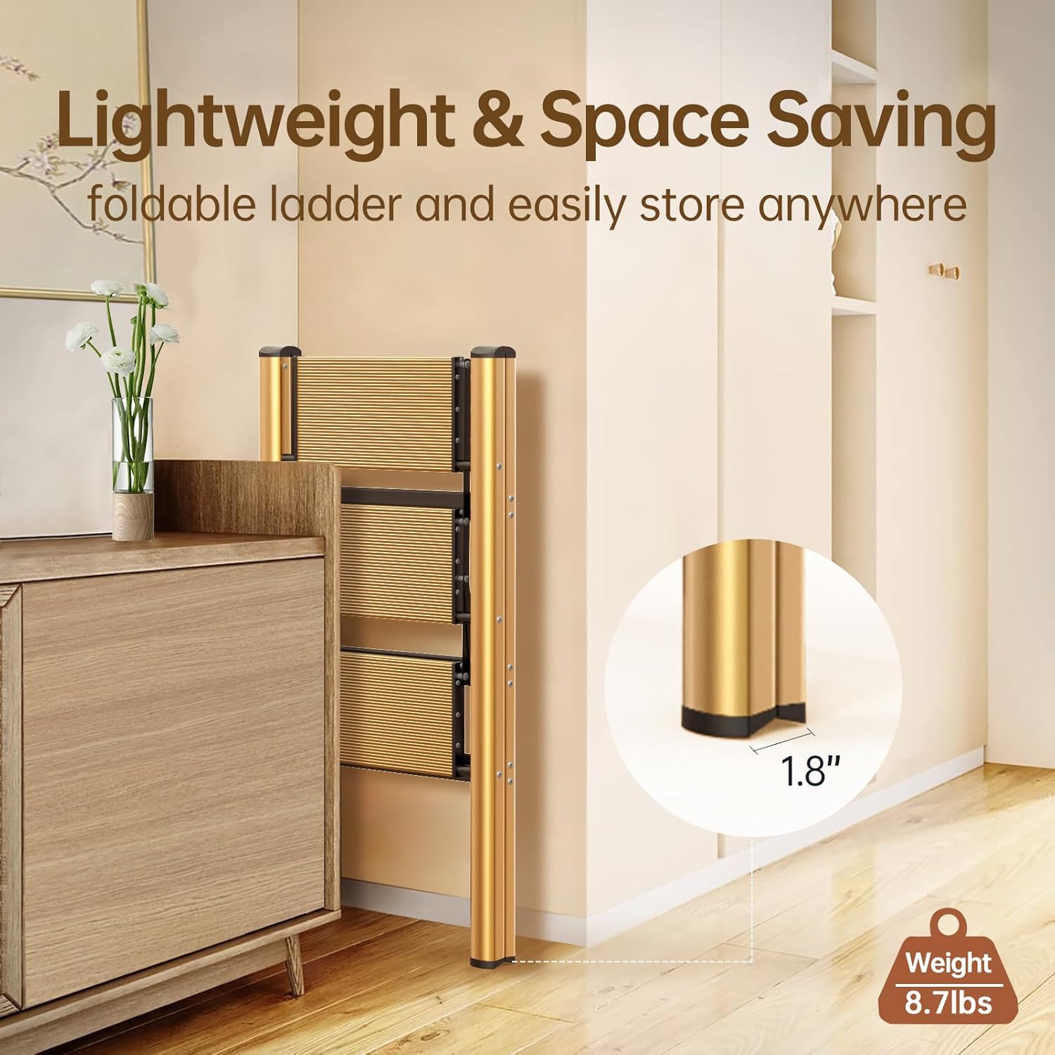 Taburete plegable de 3 escalones para armariococina-Escalera de aluminio dorado, escaleras plegables ligeras de 330 libras con pedal ancho