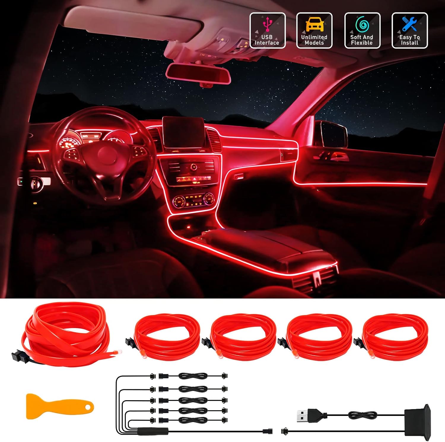 EL Wire Interior Car LED Strip Lights, FICOLPO 5 in 1 23FT USB Auto Neon Wire Lights with 6mm Sewing Edge- Glowing Electroluminescent Wire, Ambient
