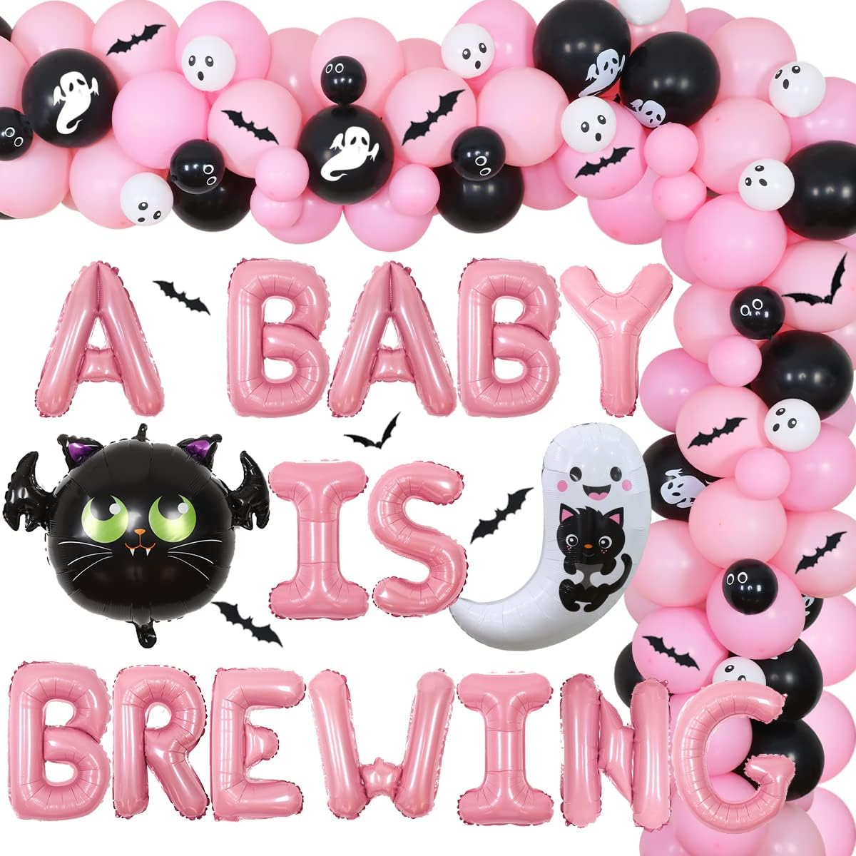 Decoraciones de Halloween para baby shower para niña  Un bebé está preparando globos rosa y negro, kit de arco de guirnalda de globos fantasma,