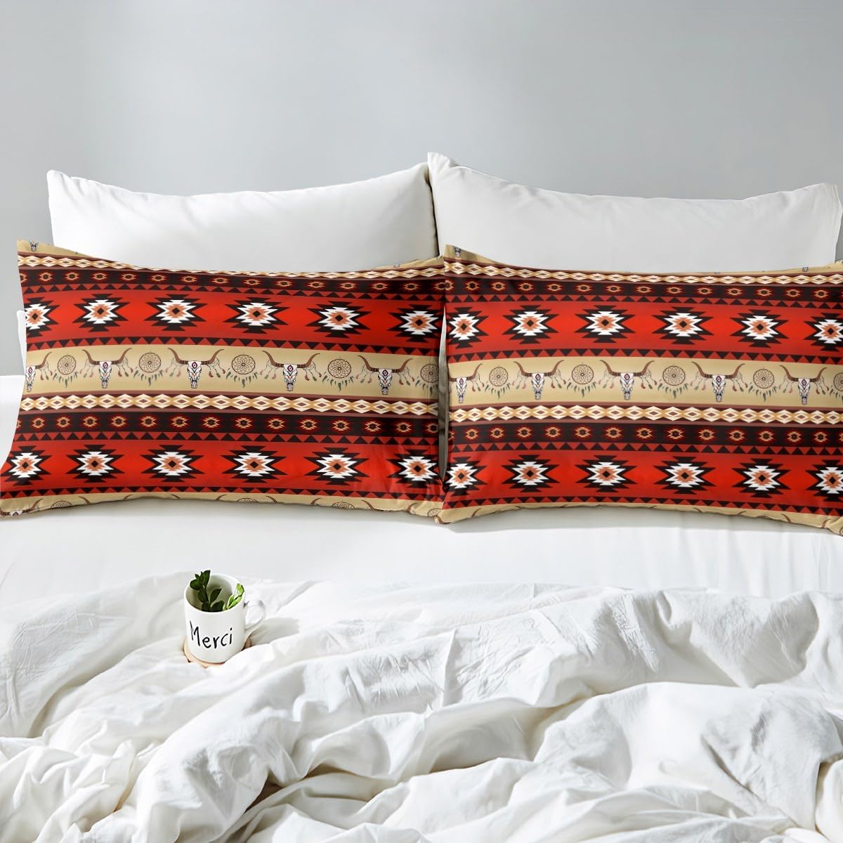Southwestern – Juego de sábanas tamaño King de vaquero occidental para niños y niñas, diseño de calavera de toro, atrapasueños, decoración de