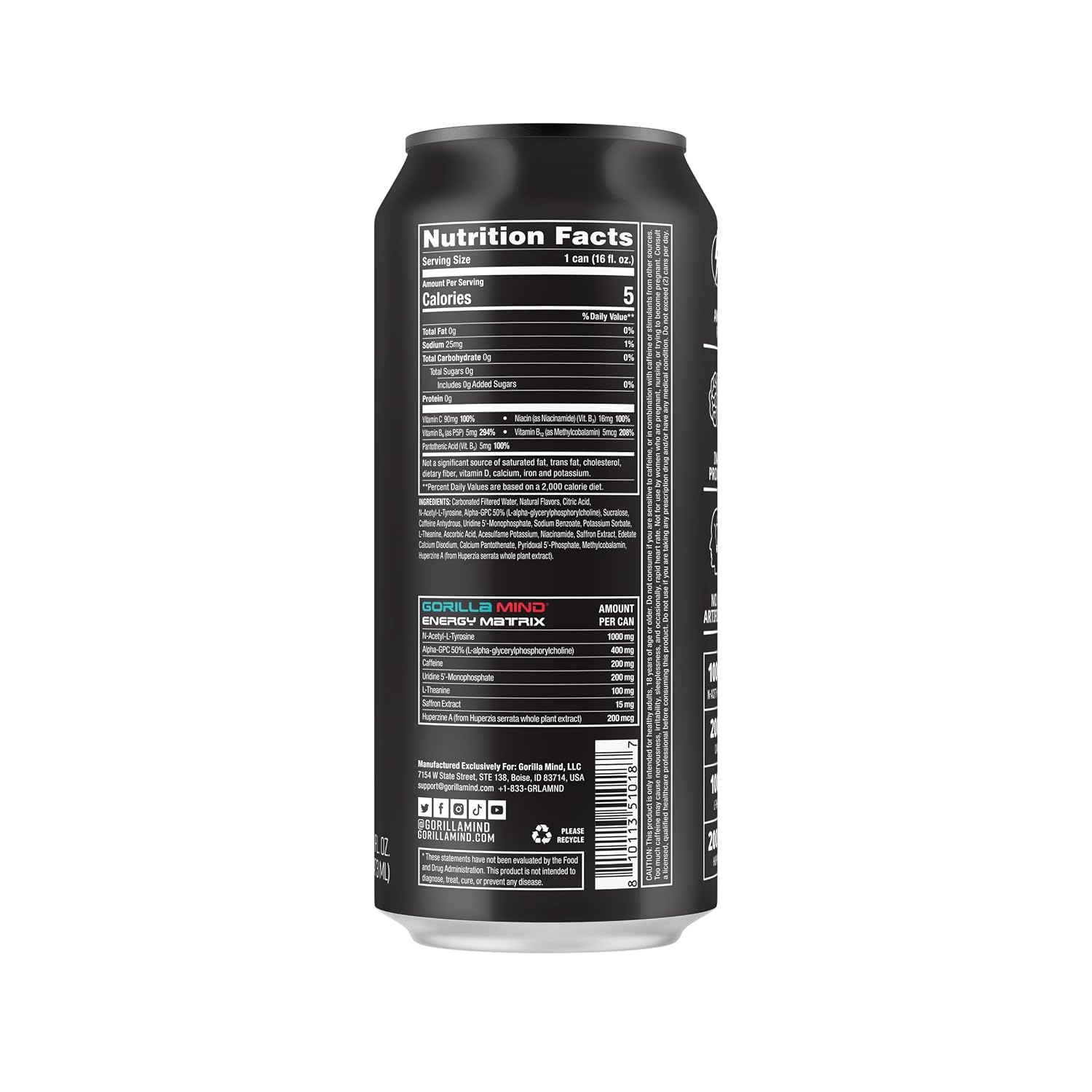 Gorilla Mind Bebida energética  Energía inigualable  Enfoque amplificado  N-acetil-L-tirosina, alfa-GPC, 200 mg de cafeína, uridina, azafrán  0