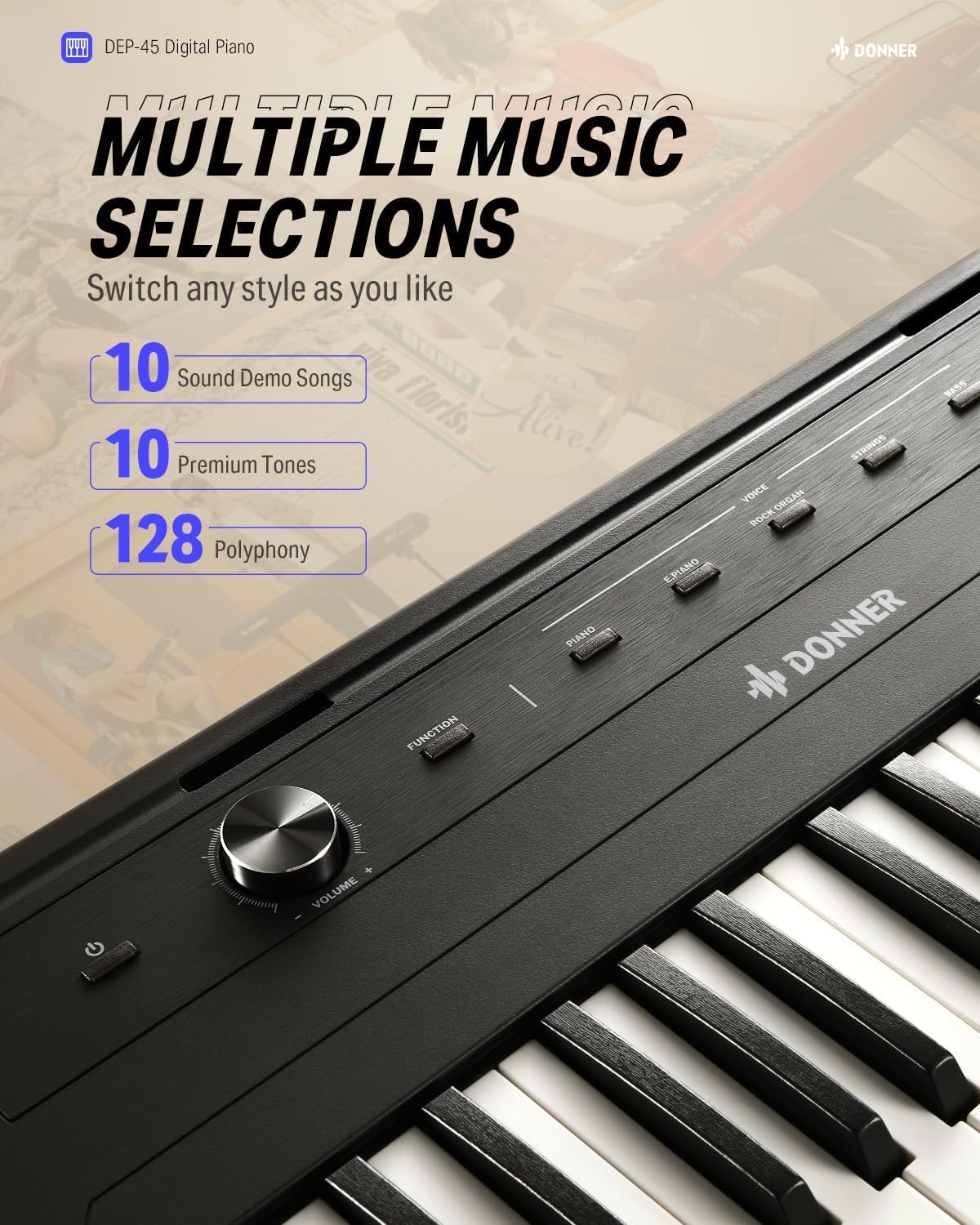 Donner DEP-45 – Piano digital ultrafino de 88 teclas, teclado eléctrico para principiantes con teclas semipesadas, piano de teclado portátil de
