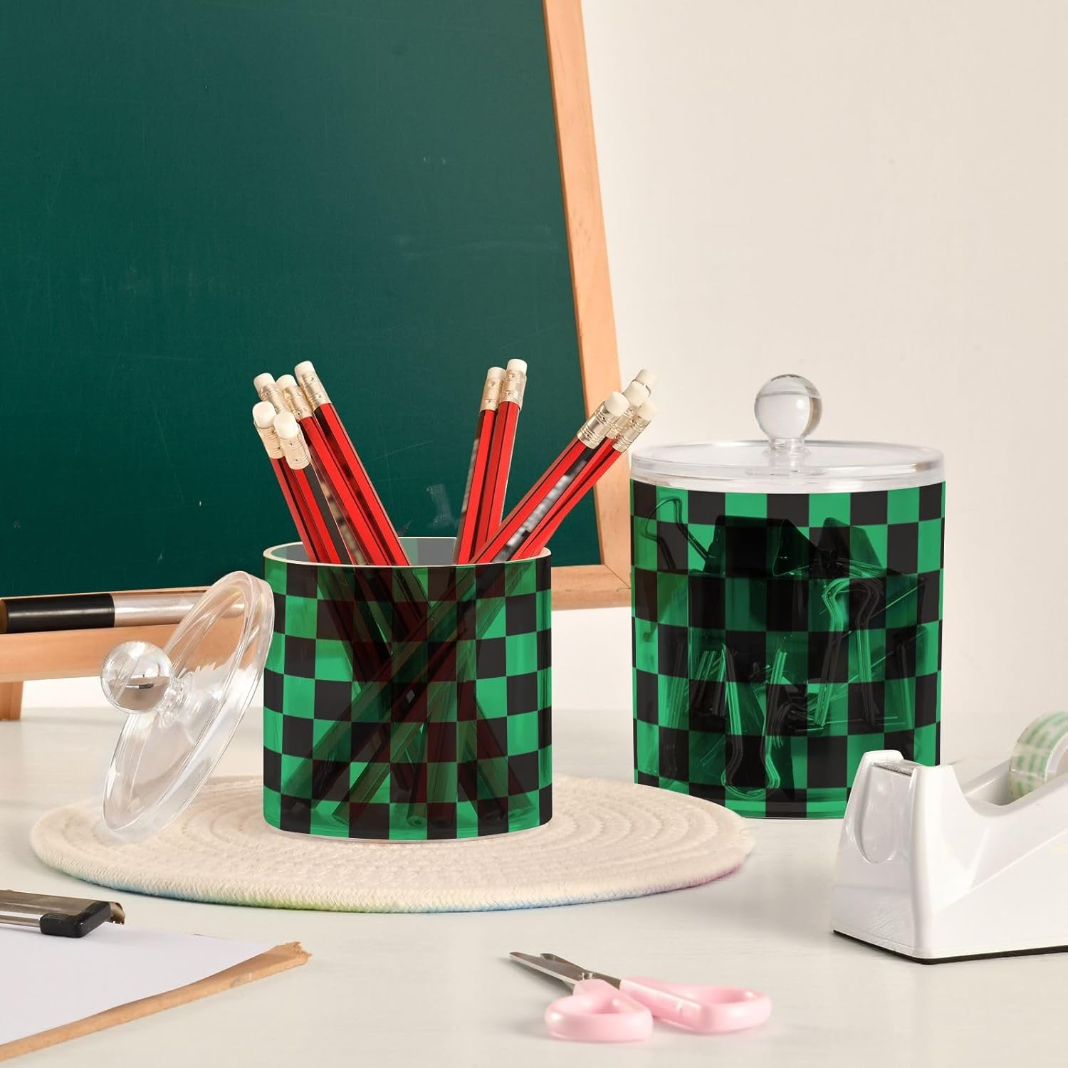 Black Green Squares Jars with Lids Canister Jar Bathroom Containers Small Jars Cotton Swab Dispenser for Dorm Room Essentials for College Students