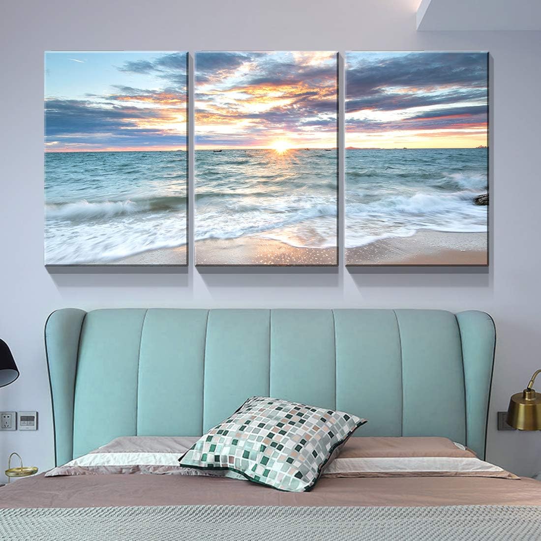 Denozer – Lienzo decorativo de 3 paneles para decoración del hogar, mar azul, puesta de sol y playa, pintura blanca, impresión sobre lienzo, paisaje