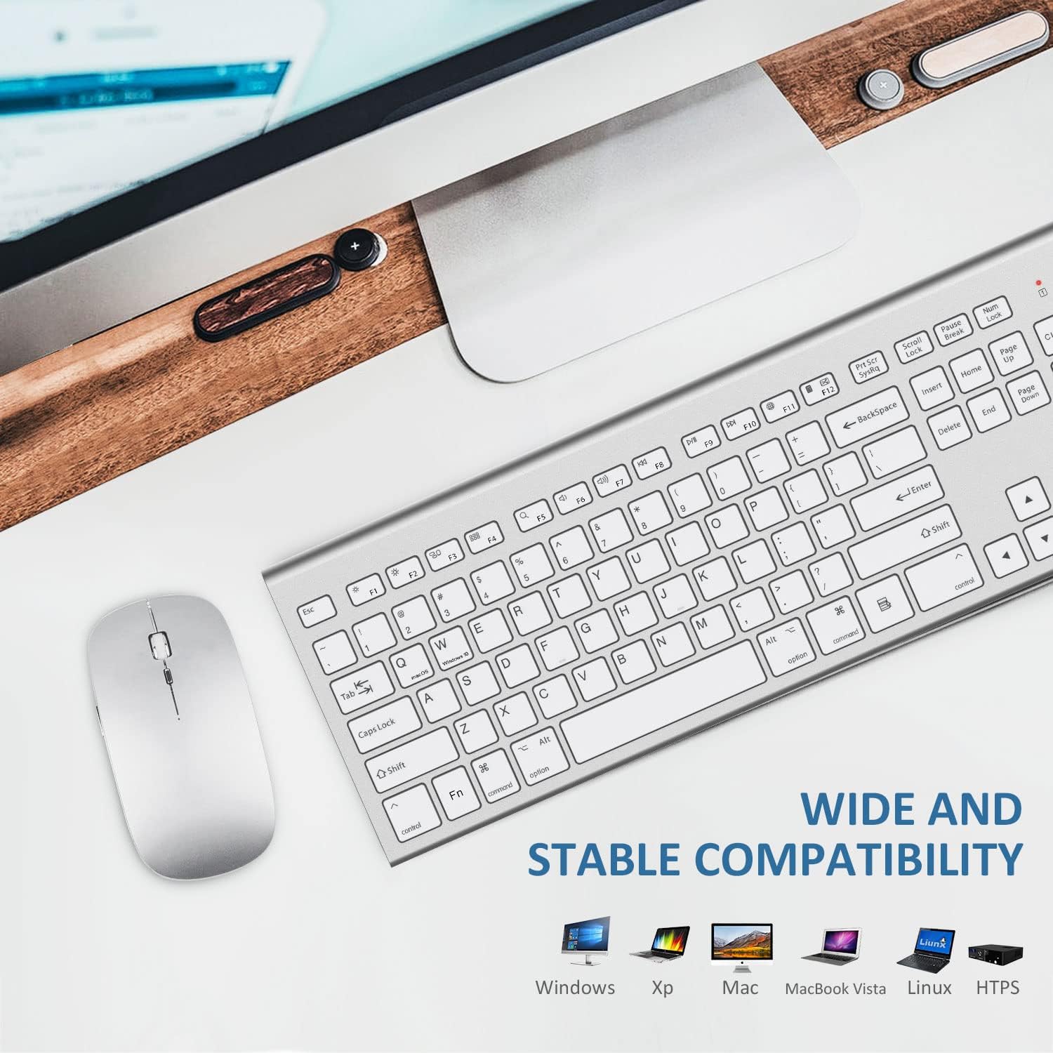 FEDARFOX – Combo de teclado y mouse inalámbricos, ergonómico de conmutación de sistema doble, delgado, compacto, de tamaño completo, teclado