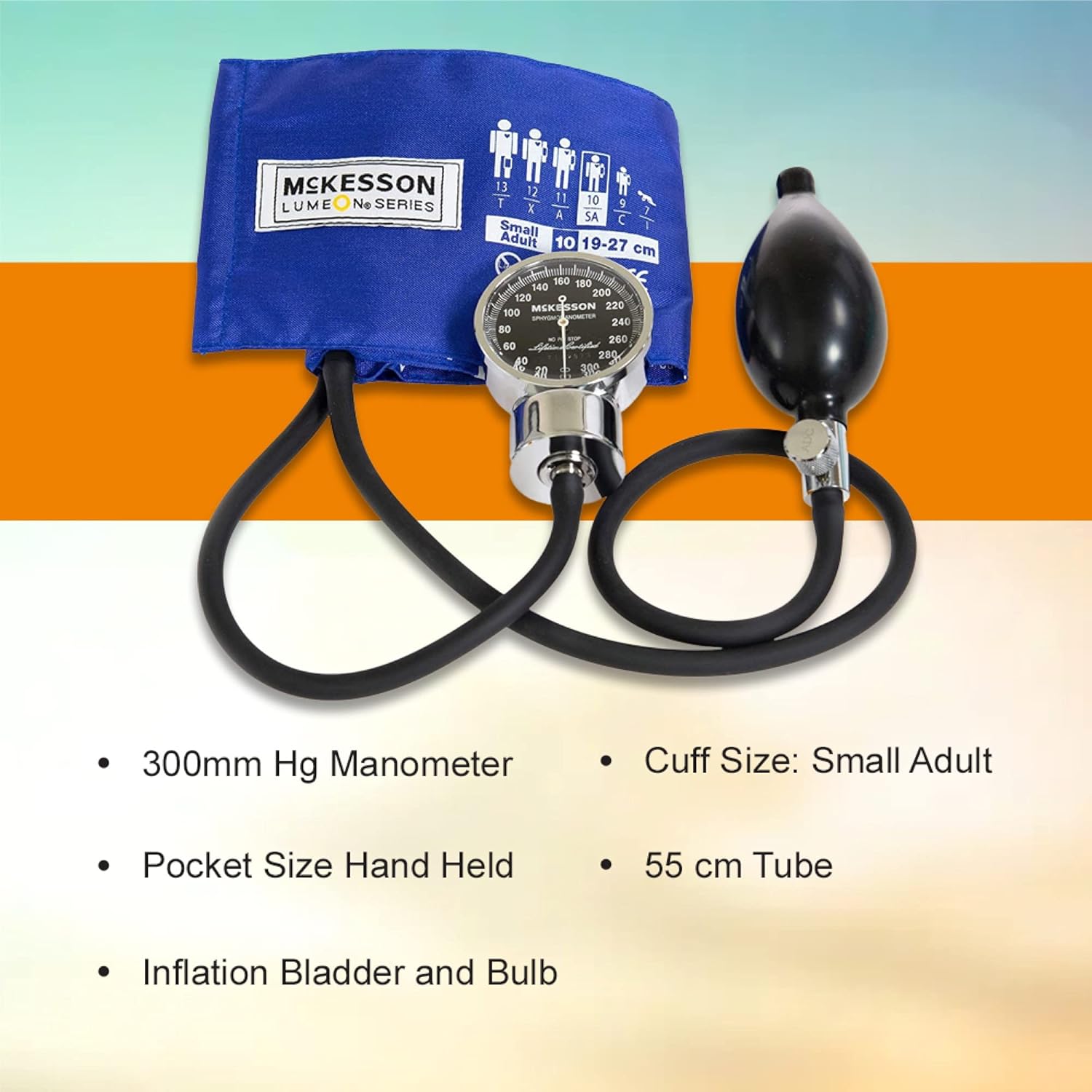 McKesson LUMEON – Esfigmomanómetro aneroide profesional, presión arterial con puño, tamaño de bolsillo, azul real, adulto pequeño, circunferencia