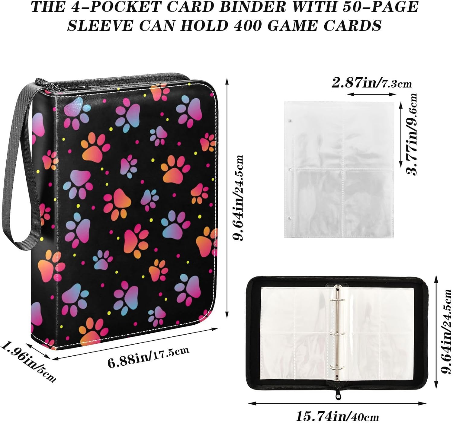 Carpeta colorida para tarjetas coleccionables de 4 bolsillos con 50 fundas extraíbles, carpeta de álbumes de tarjetas de 3 anillos con capacidad