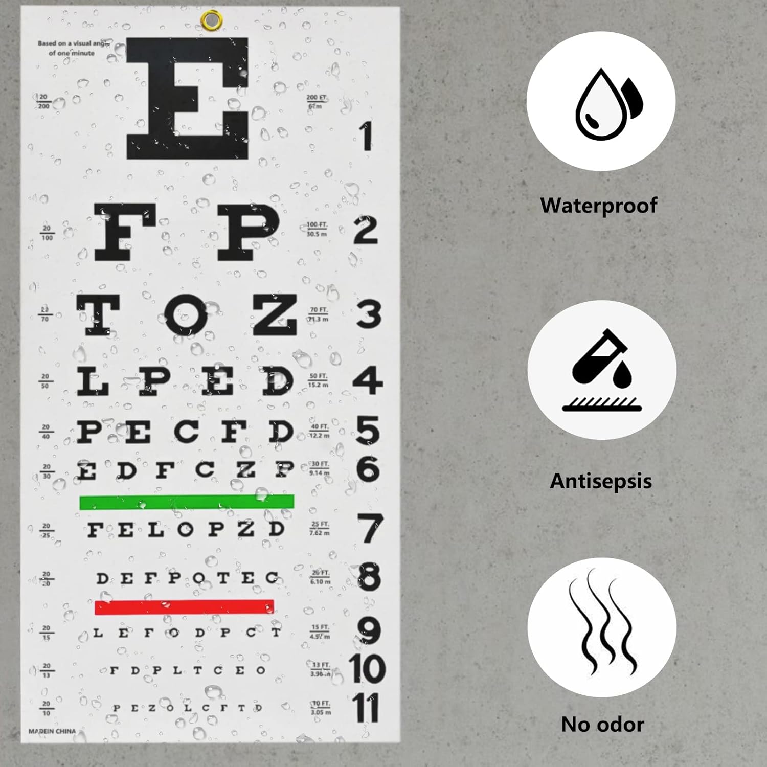Kit completo de examen de ojos Snellen estándar de 20 pies Snellen Eye Chart 22×11 pulgadas con 2 oclusores oclusores de doble uso