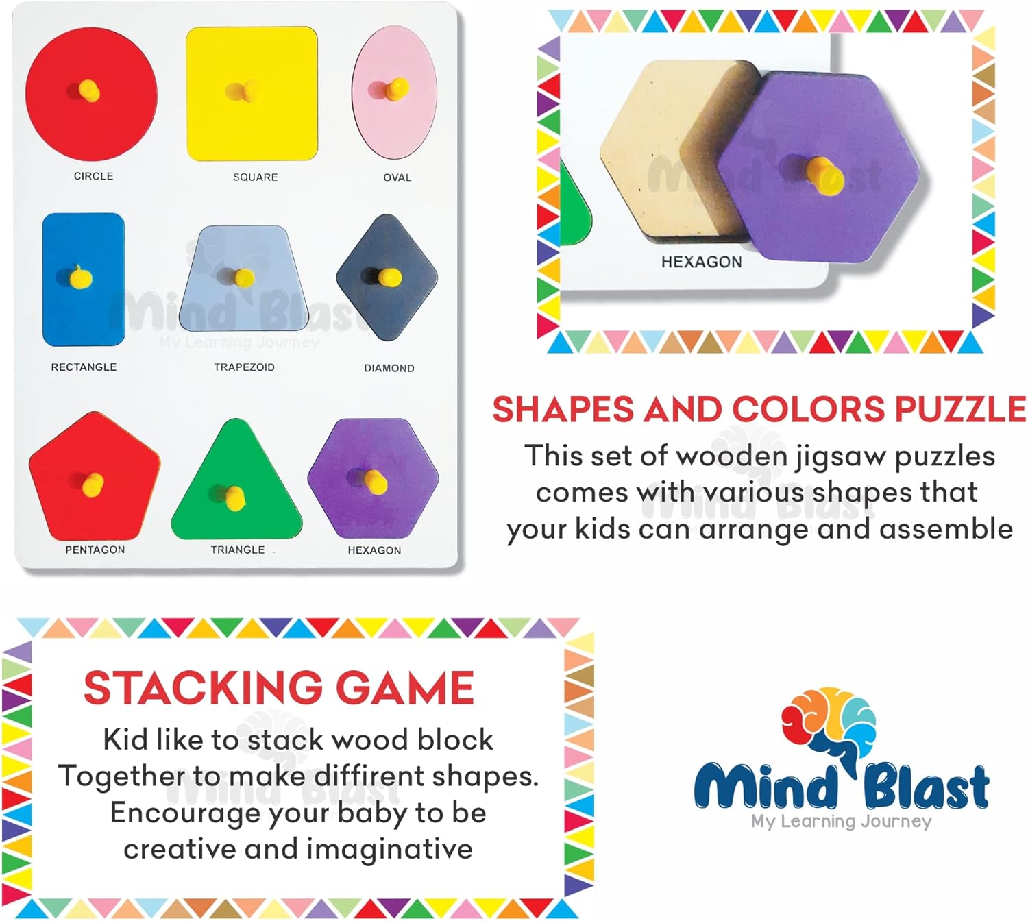 MIND BLAST Rompecabezas de madera con formas y colores de madera, perfecto para desarrollar la creatividad y las habilidades de resolución de