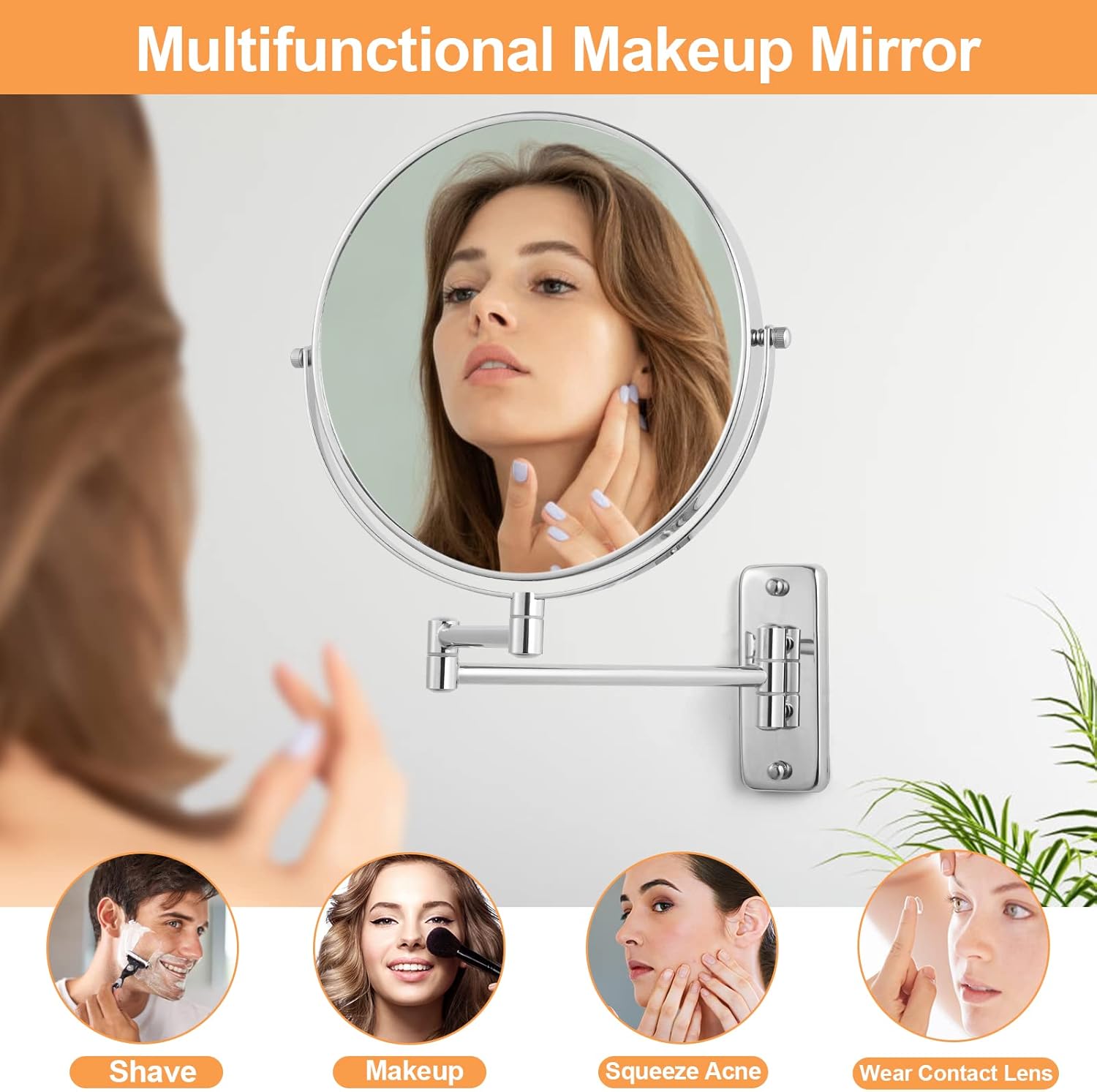 Espejo de aumento de montaje en pared de 8 pulgadas, espejo de maquillaje de doble cara 1X10X, espejo extensible giratorio 360 para baño, cromado
