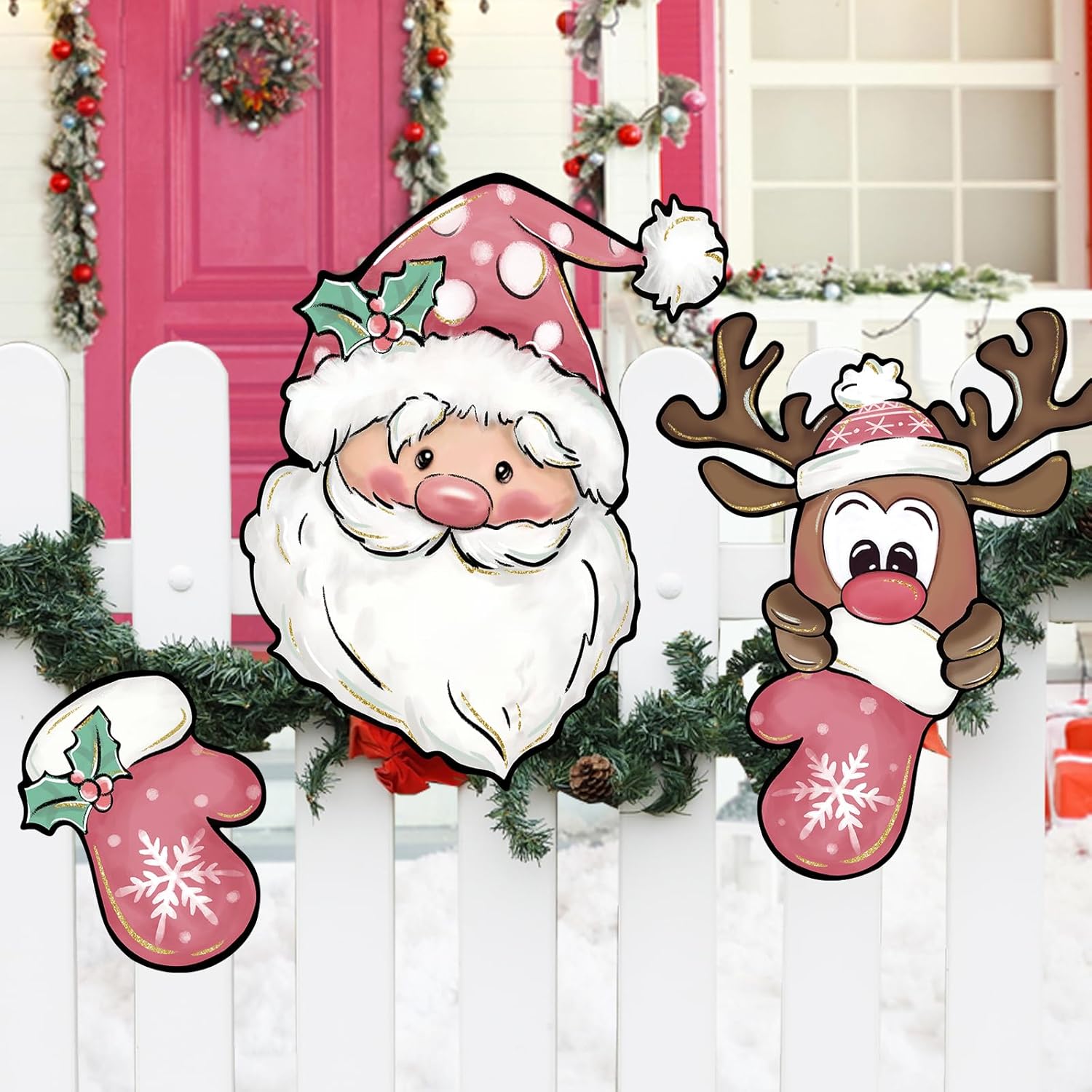 Letrero de jardín de Navidad rosa con diseño de Papá Noel para patio, guantes de Navidad, alce, reno, adorno para decoración de árbol de patio al