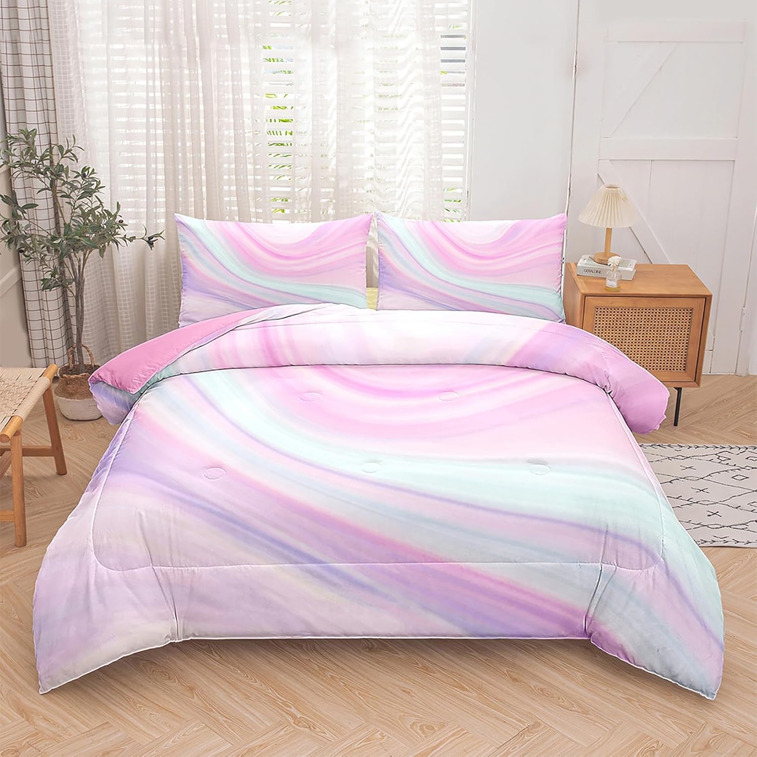 Tailor Shop Edredón para niñas tamaño matrimonial para niños, edredón de teñido anudado rosa para niñas, edredón rosa, ropa de cama azul y morado