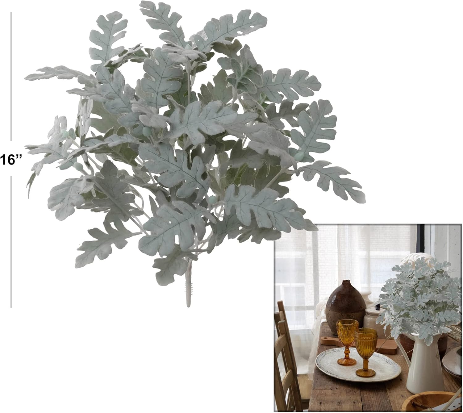 Arbusto de molino polvoriento flocado de 16 pulgadas, vegetación artificial realista para decoración del hogar, bodas y eventos, planta de follaje