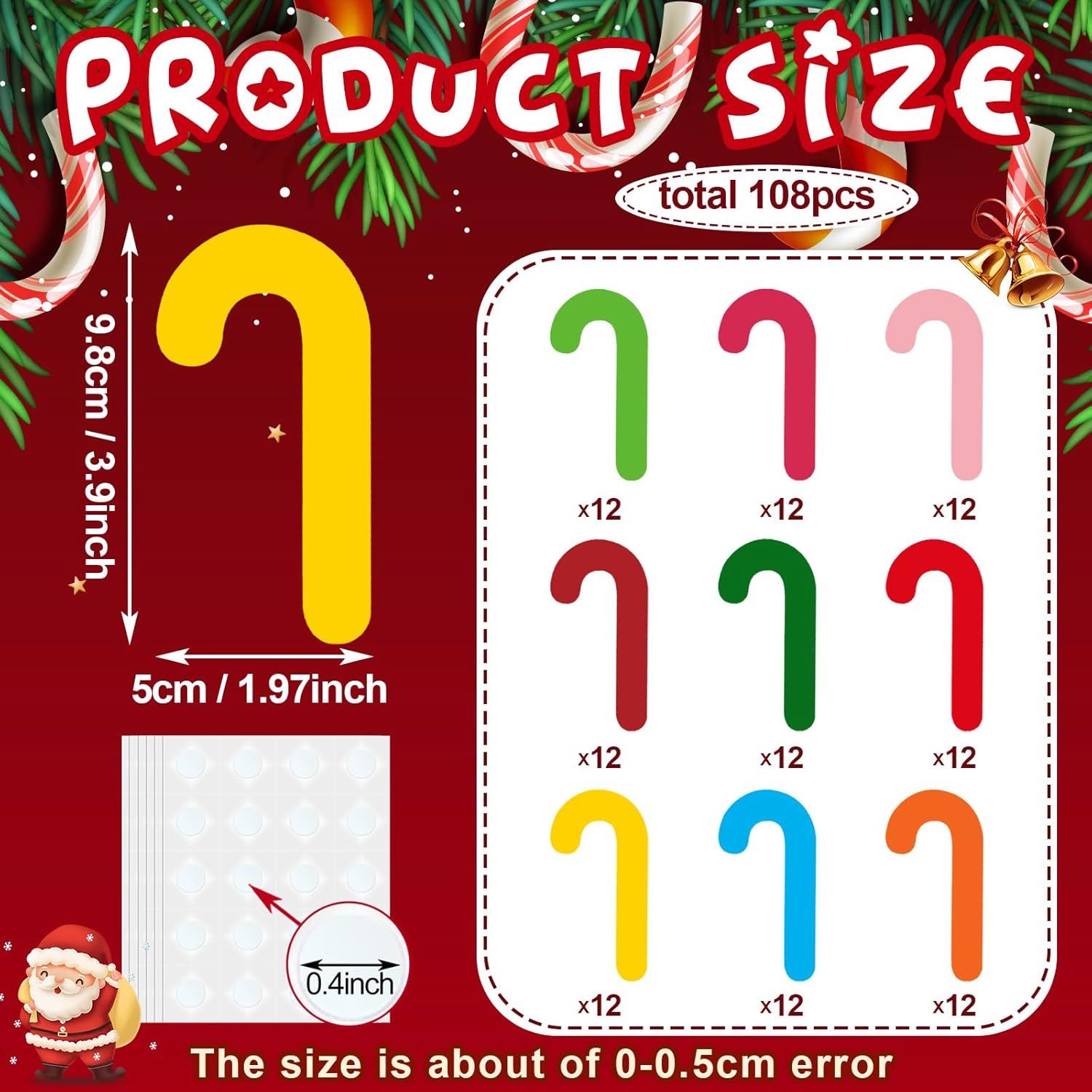 Geyee 108 piezas de recortes de bastón de caramelo de Navidad, varios recortes de Navidad, recortes de papel de bastón de caramelo para Navidad,