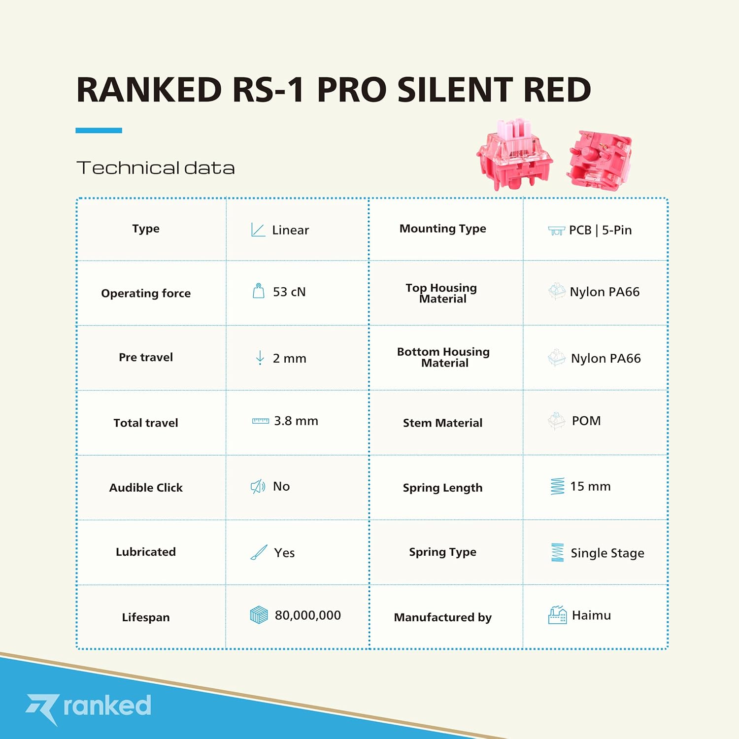 Ranked RS-1 Pro Interruptores mecánicos para teclados mecánicos de juegos  Montaje en PCB de 5 pines  Pre lubricado  Lineal silencioso 53cN por