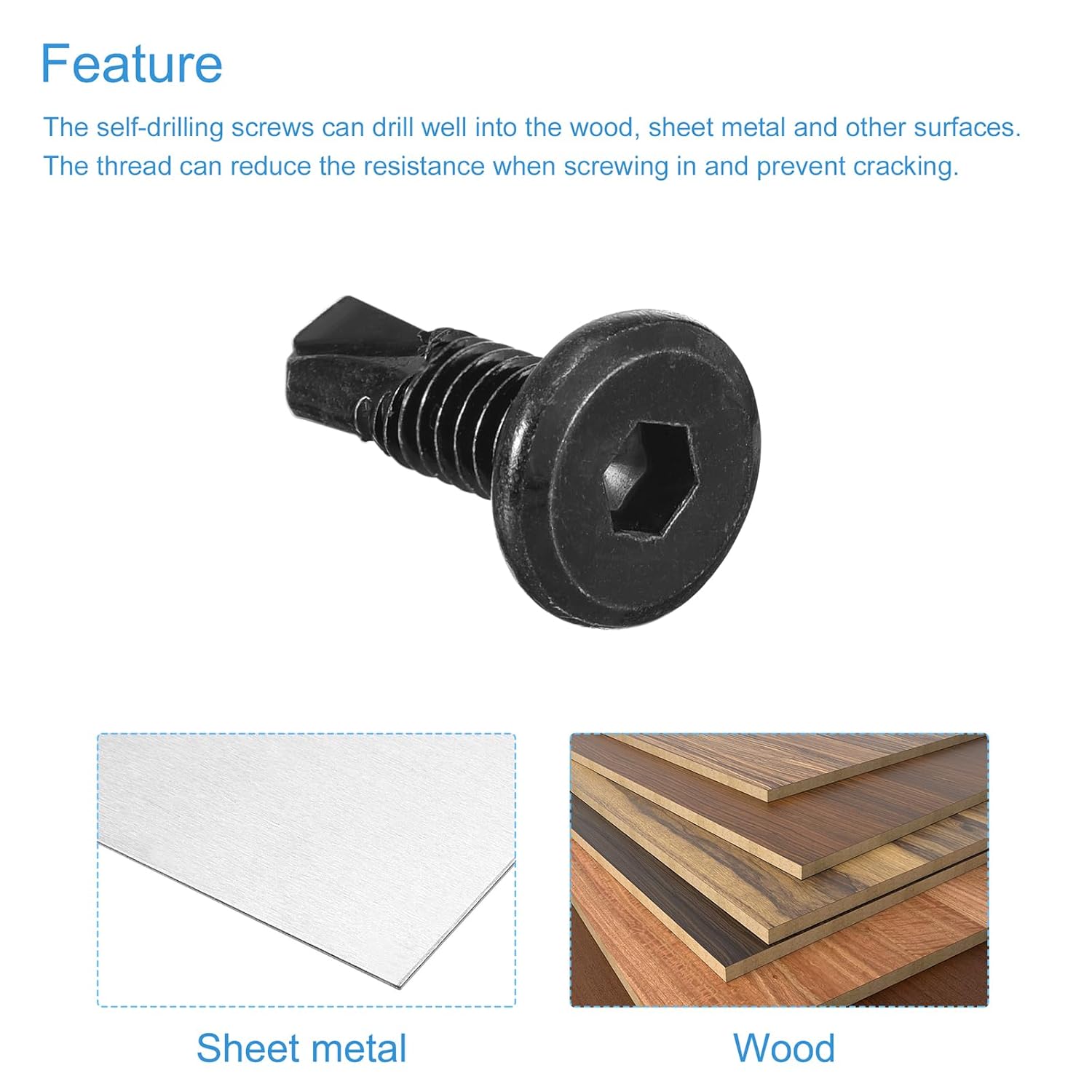 uxcell Tornillos autorroscantes hexagonales, 14 x 34 “410 Tornillo de perforación de cabeza plana de chapa de acero inoxidable 410, 100 piezas, negro