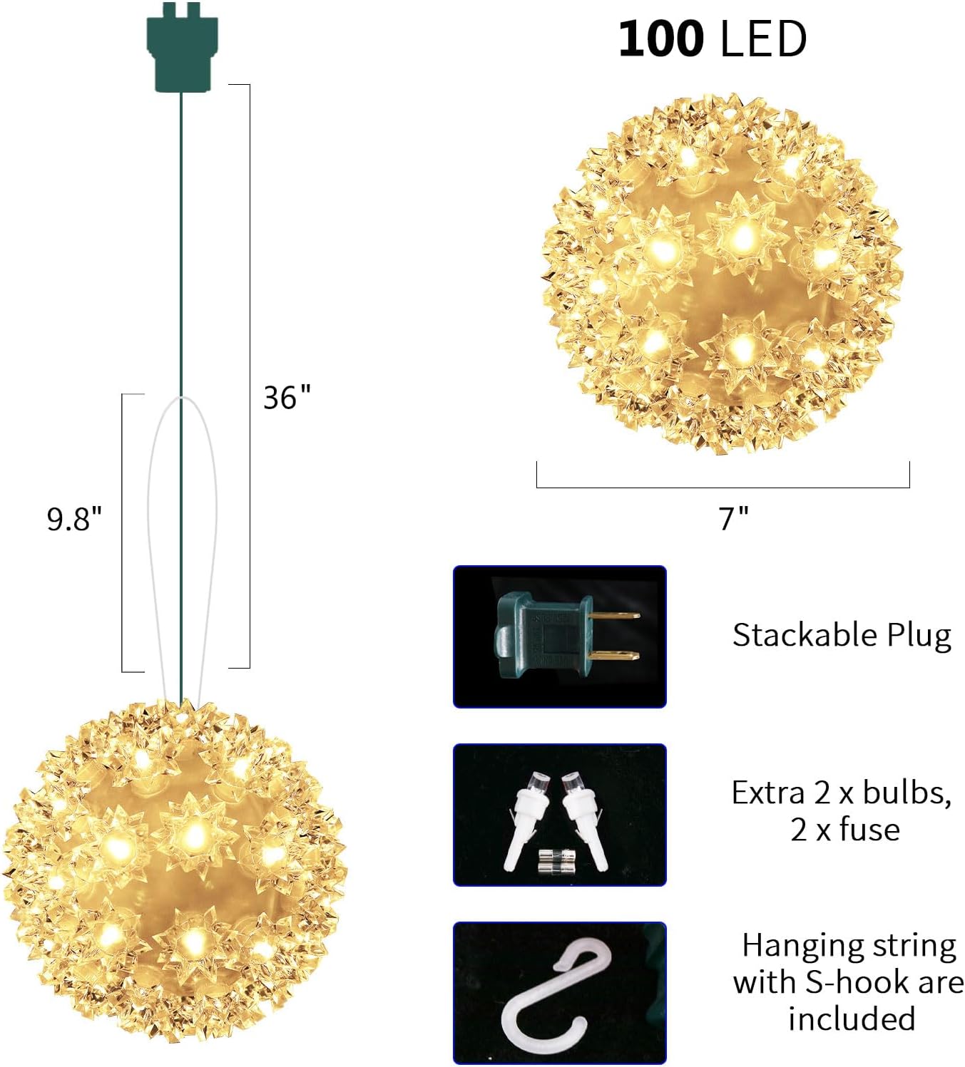 Luces de Navidad de 7 pulgadas brillantes para colgar al aire libre, luces parpadeantes, 100 luces LED de luz estelar, esfera blanca cálida, suave,