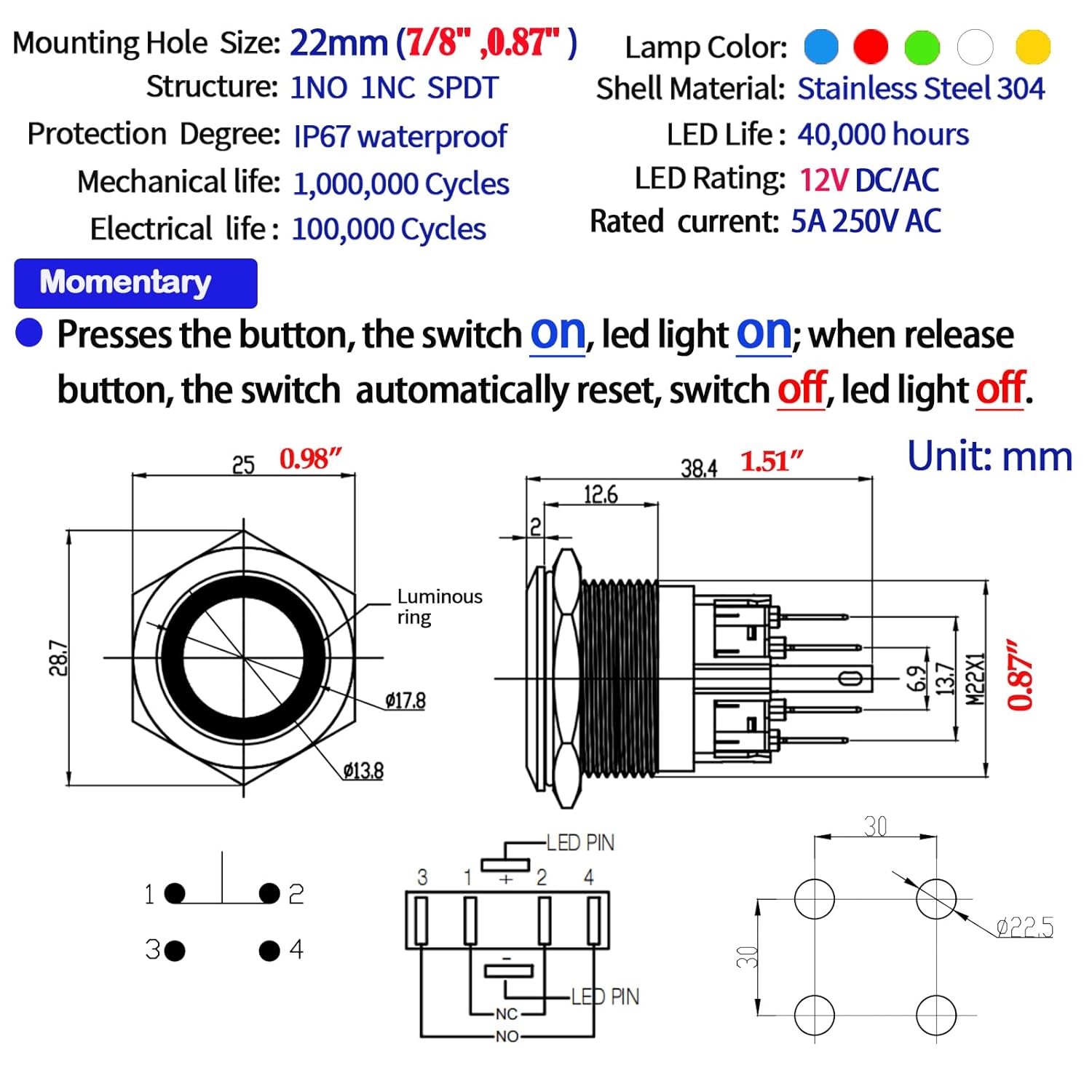 ZJWZJH Interruptor de botón impermeable de 0.866 in, momentáneo, 12 V, potencia 1NO 1NC SPDT, interruptores industriales de acero inoxidable con