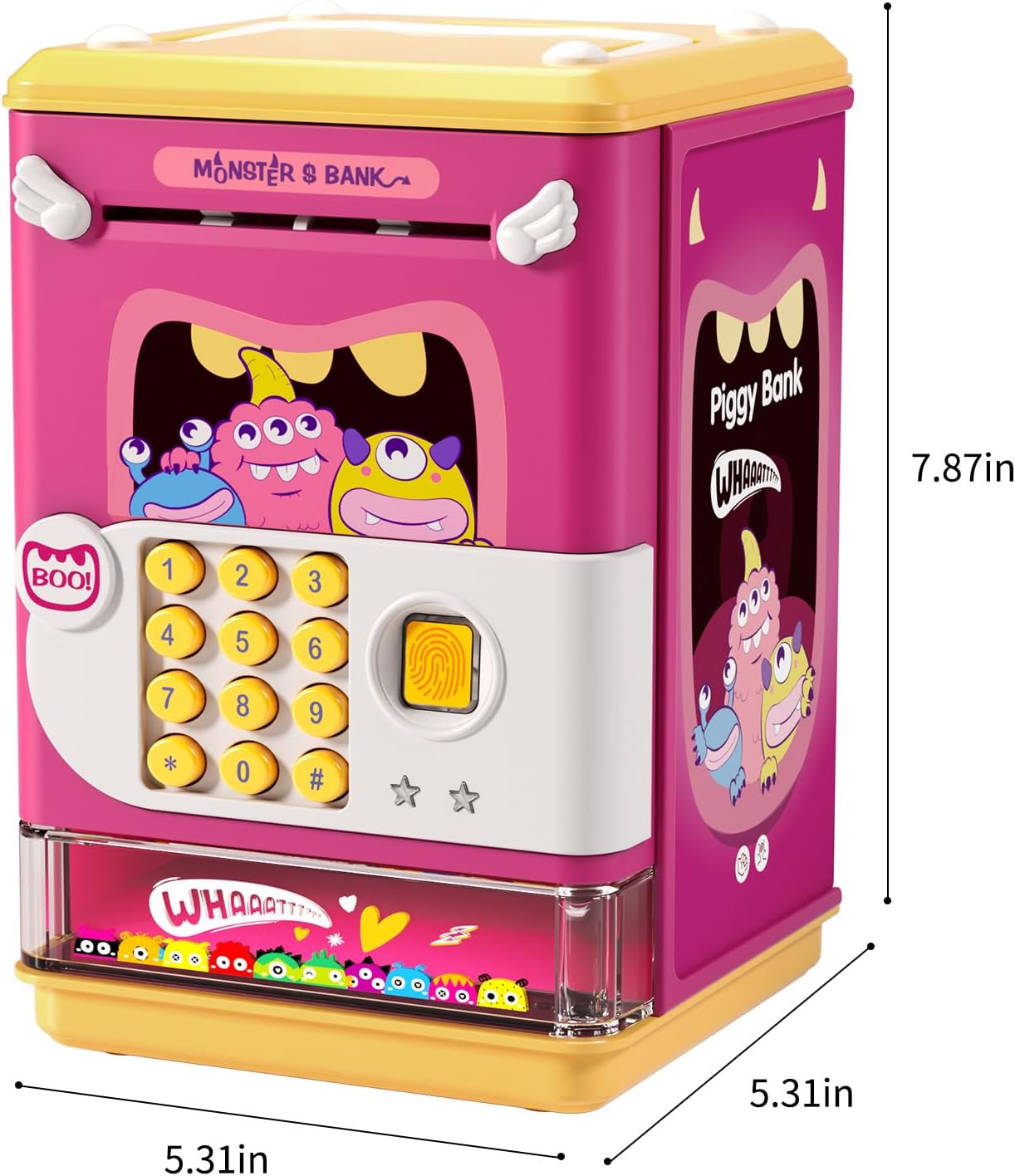 Deejoy Alcancía para niños, mini cajero automático electrónico con contraseña personal y desbloqueo de huellas dactilares, música y luz nocturna, el